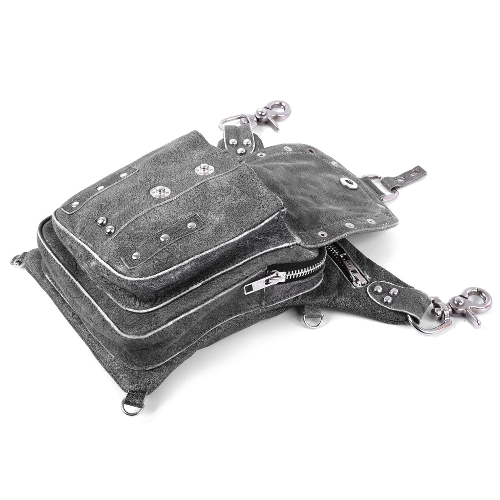 Grey Drop Leg Waist Fanny Leather Thigh Bag