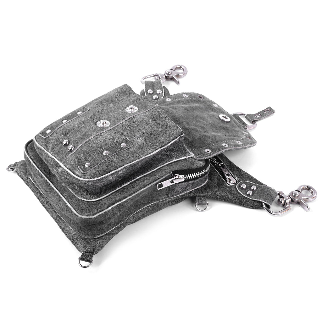 Distressed Grey Leather Thigh Bag – Small Utility Leg Pouch by Rexons