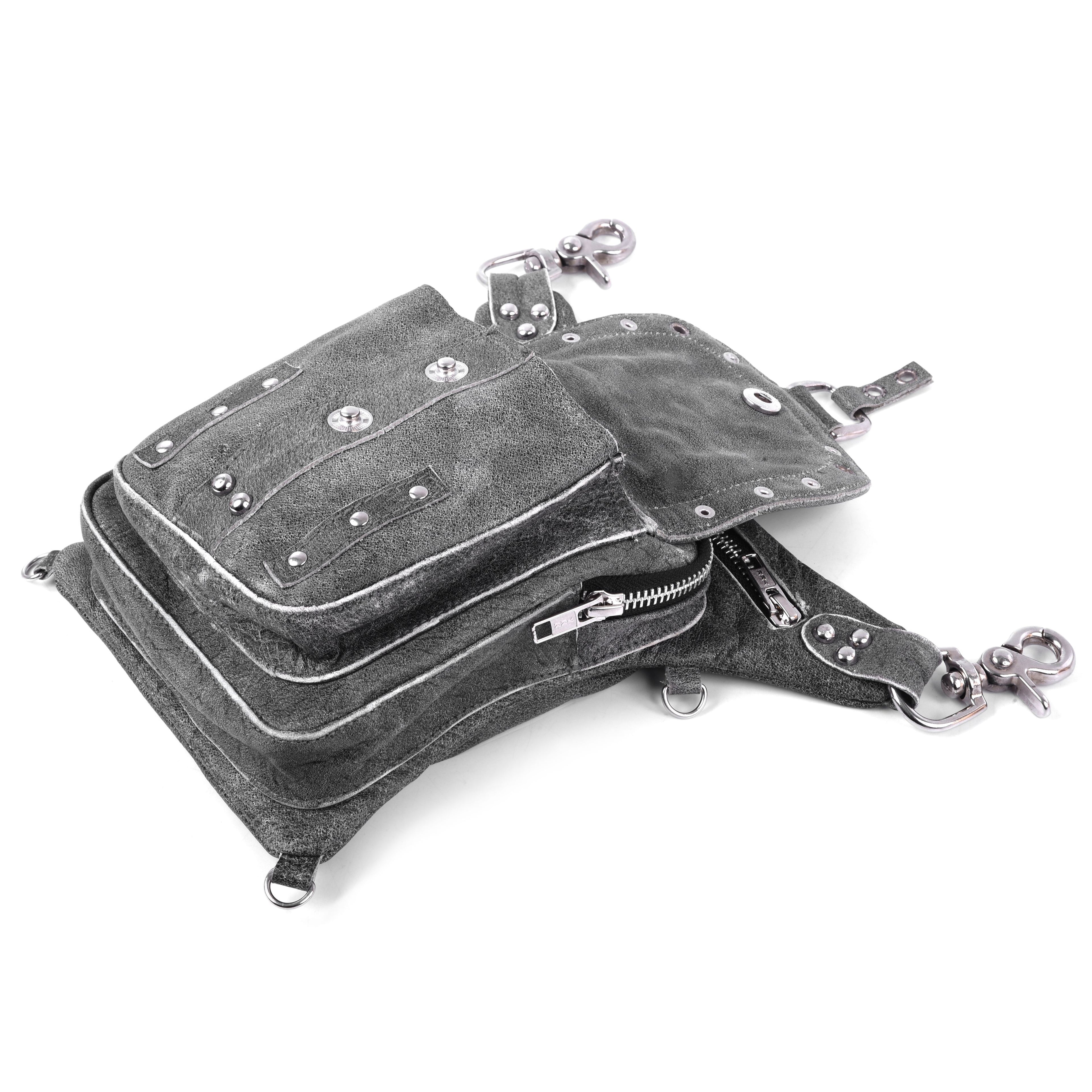 Distressed Grey Leather Thigh Bag – Small Utility Leg Pouch by Rexons