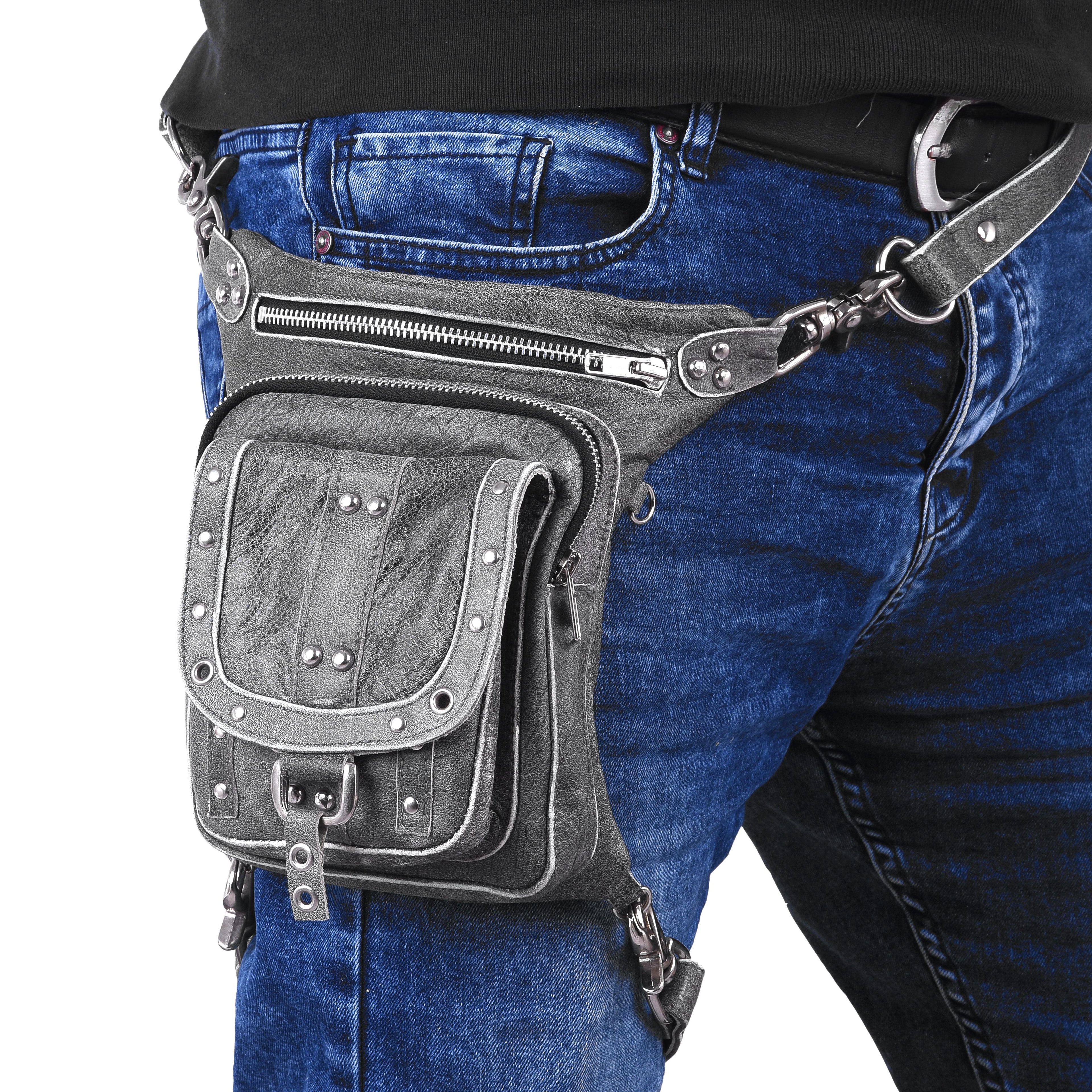 Distressed Grey Leather Thigh Bag – Small Utility Leg Pouch by Rexons