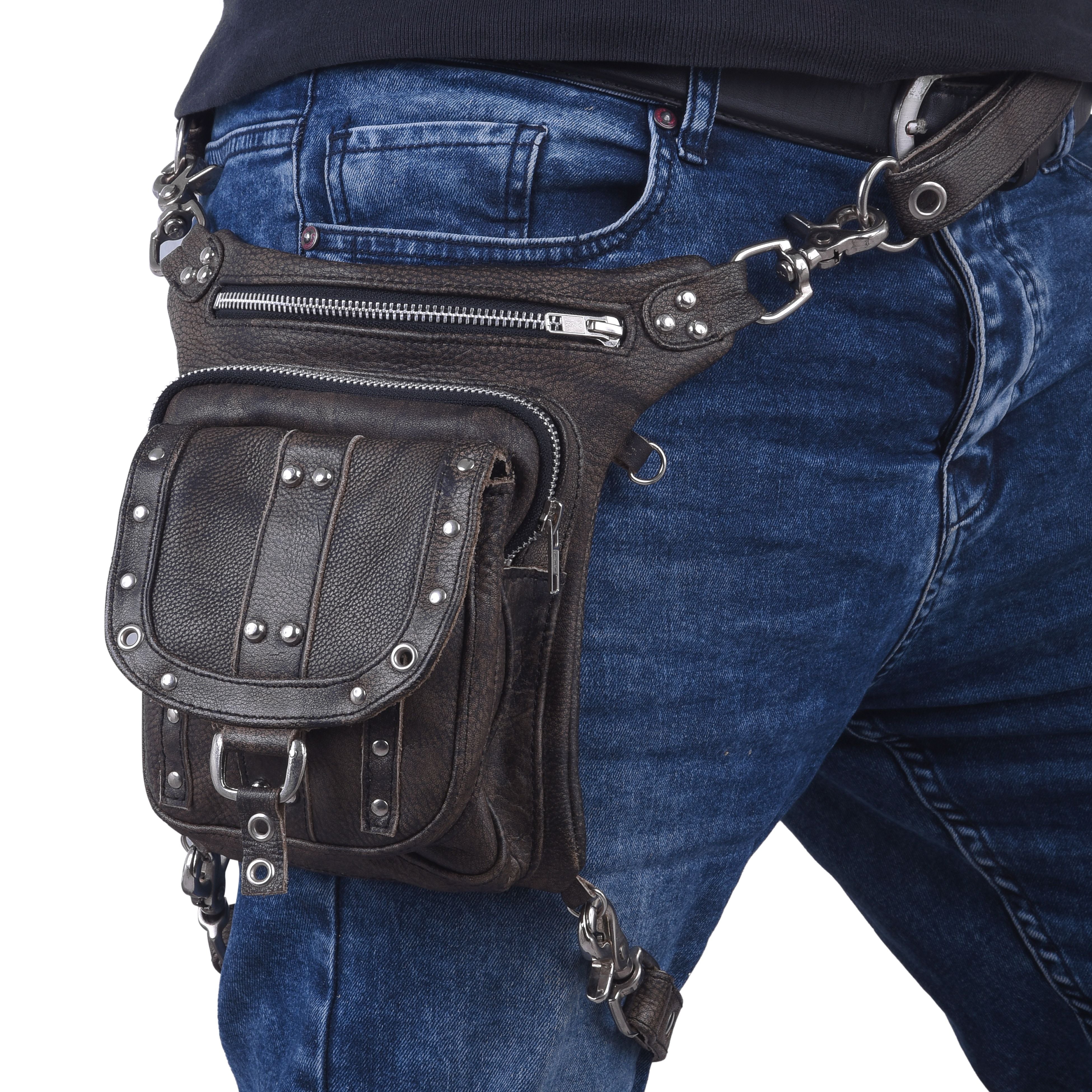 Distressed Brown Drop Leg Fanny Waist Leather Bag
