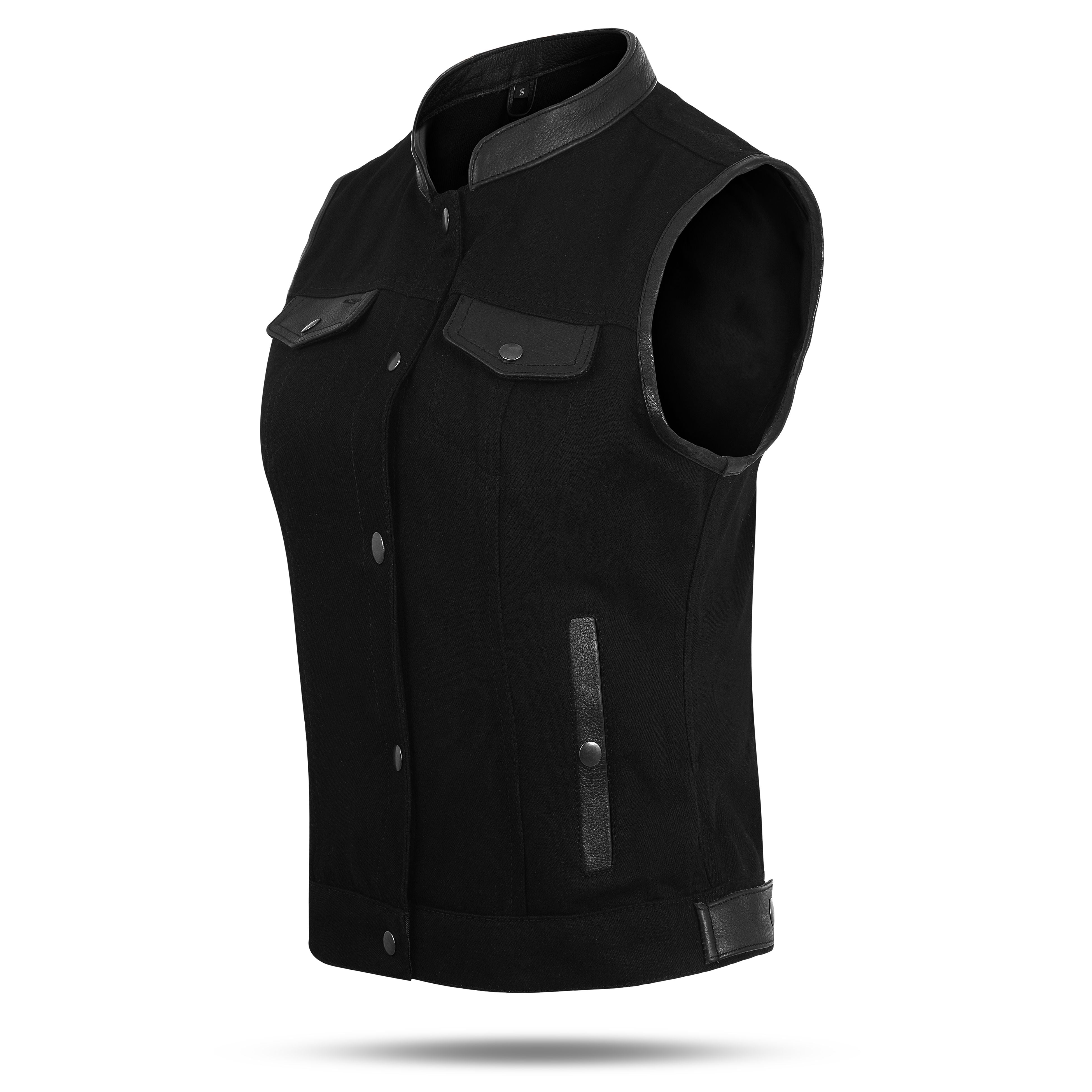 Women's Black Denim Motorcycle Club Vest (RXWV08512DM)