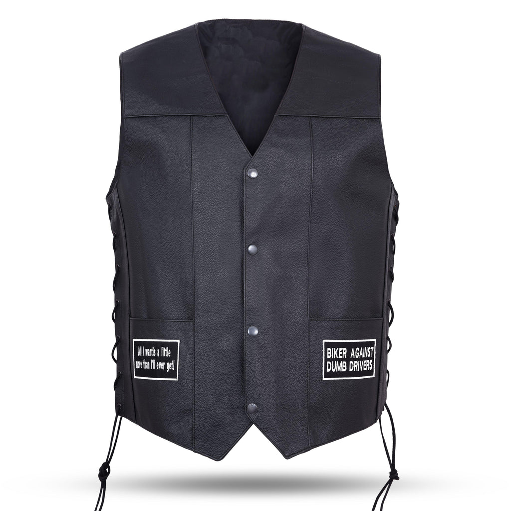Men’s Motorcycle Leather Vest – USA Flag & American Eagle Design – Premium Biker Club Cut with Concealed Gun Pocket