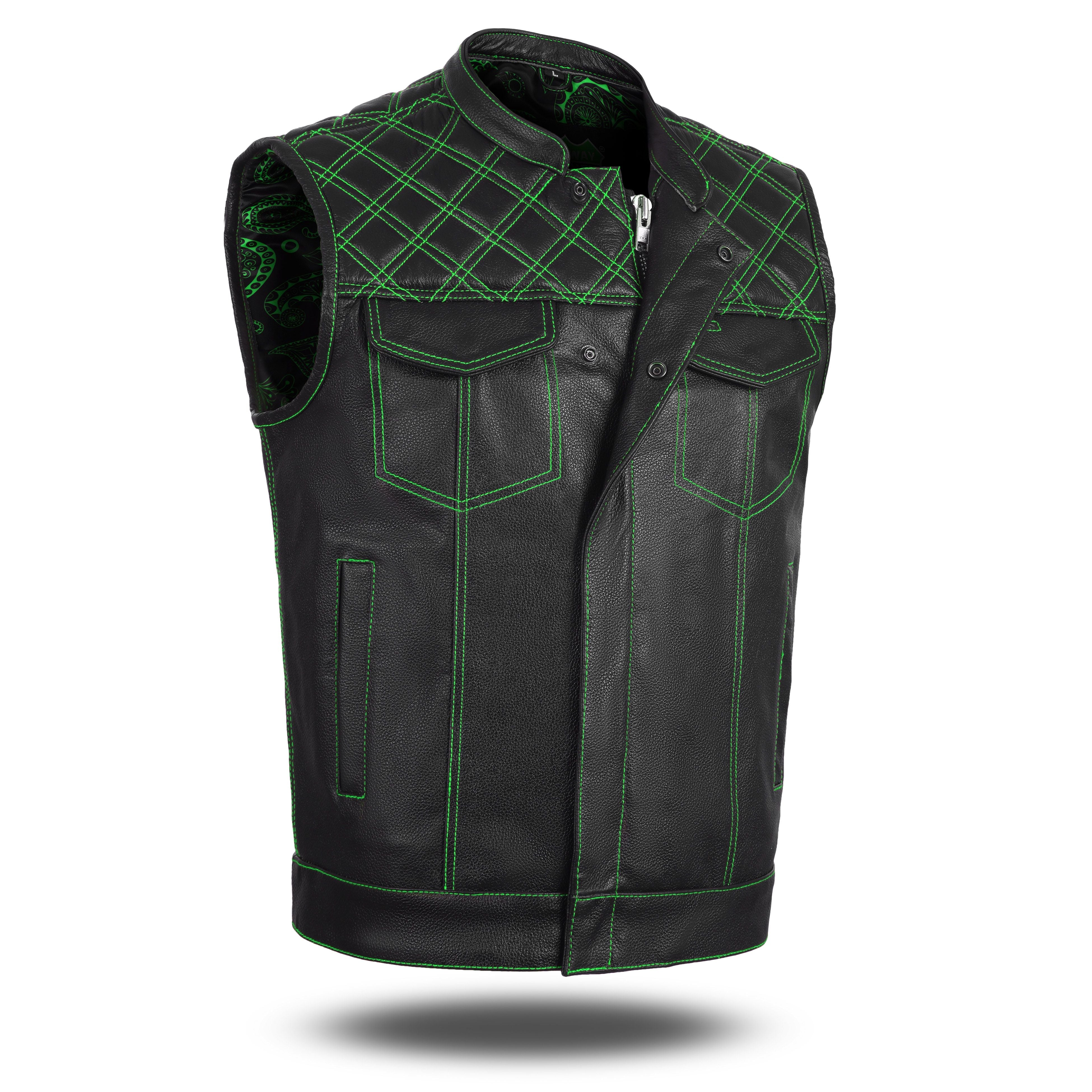 Men's Leather Green Cross Stitch Club Style Vest