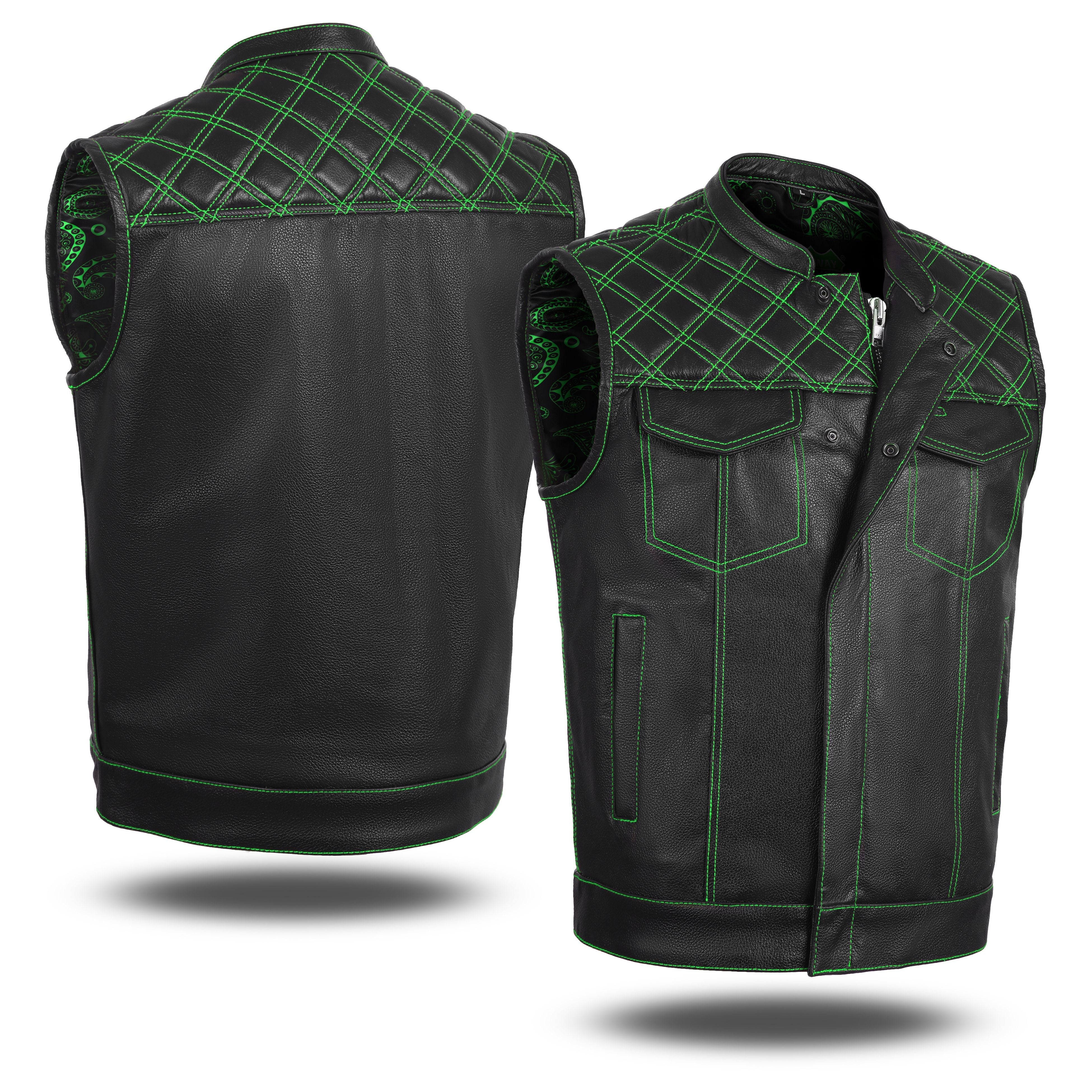 Men's Leather Green Cross Stitch Club Style Vest