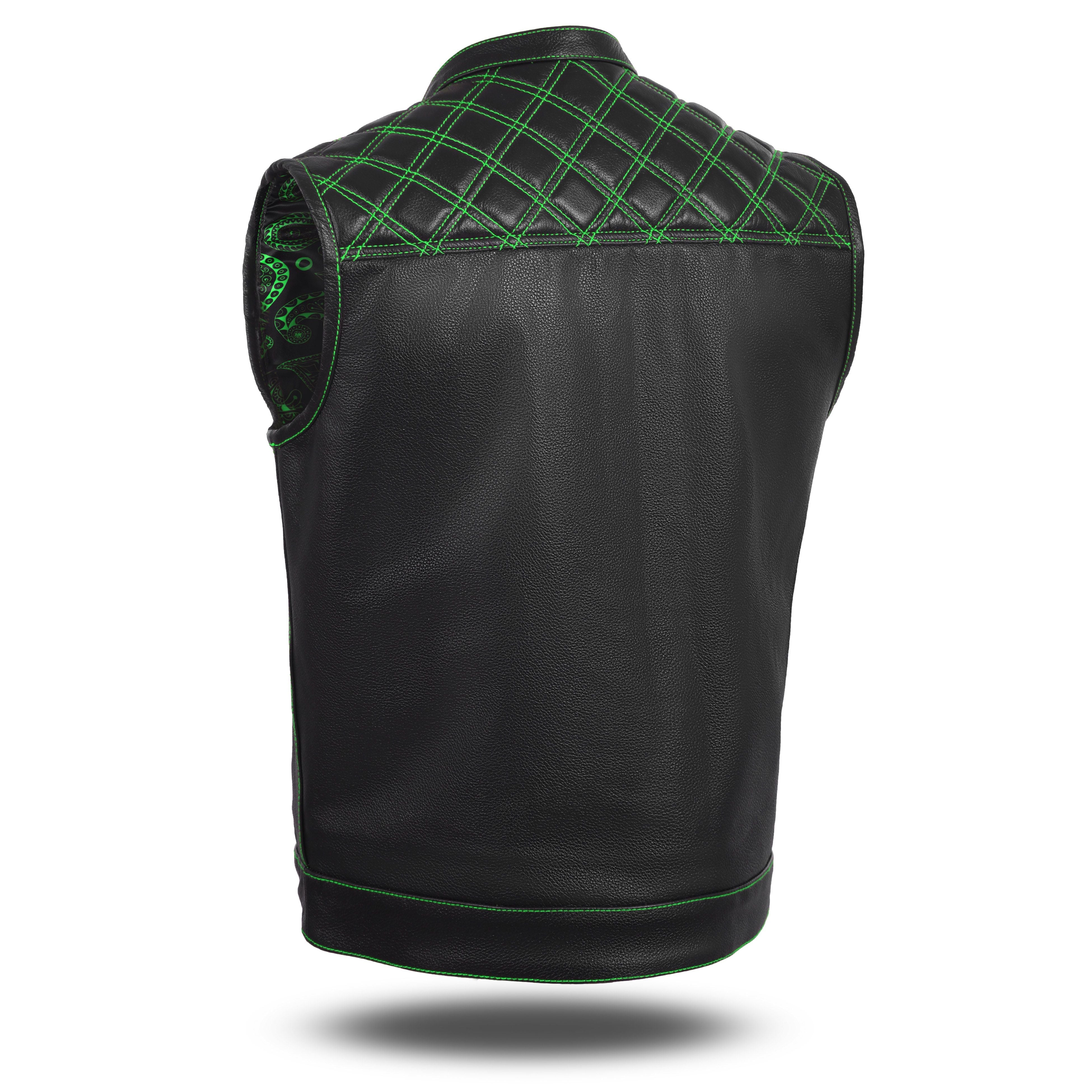 Men's Leather Green Cross Stitch Club Style Vest