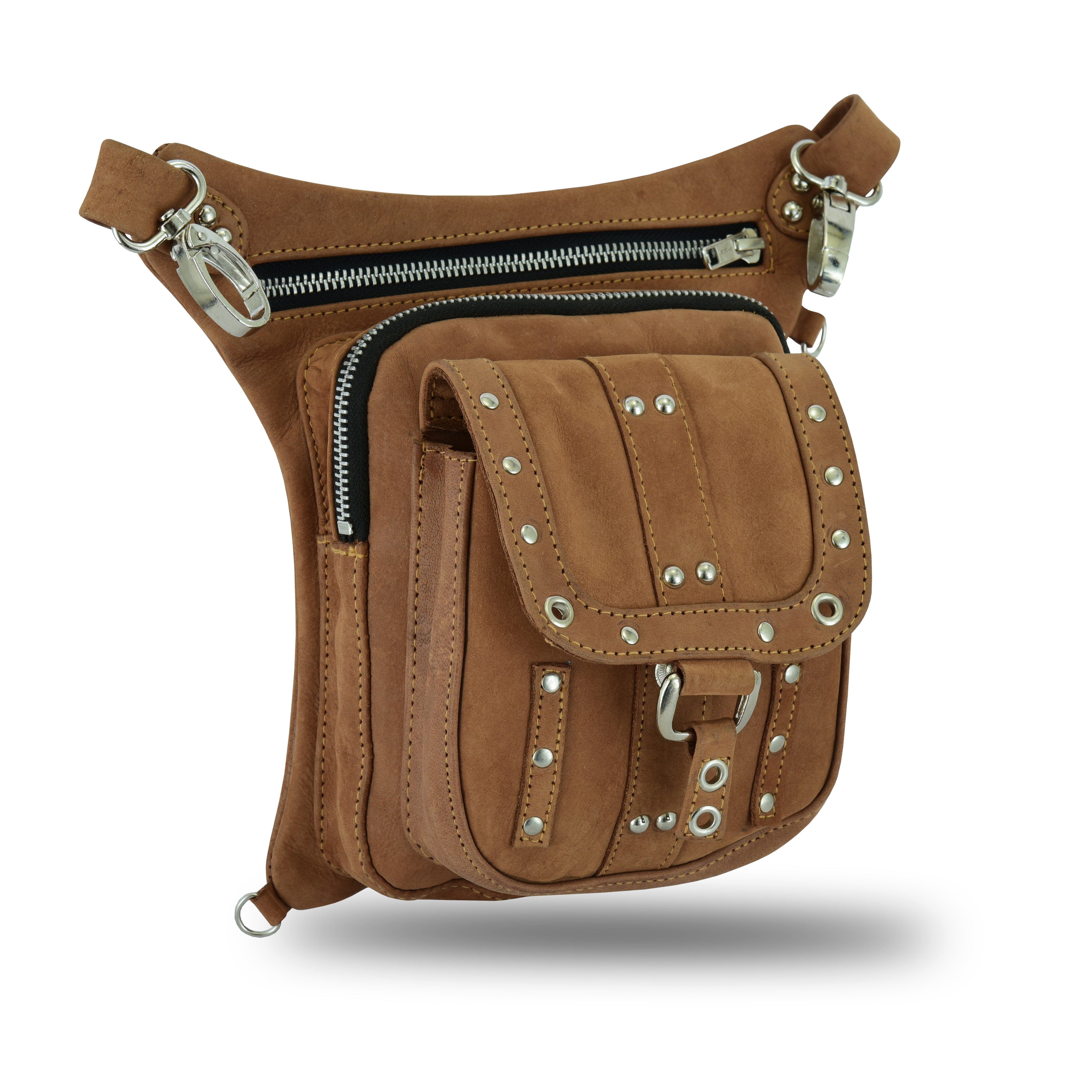 Tan Drop Leg Waist Fanny Leather Thigh Bag