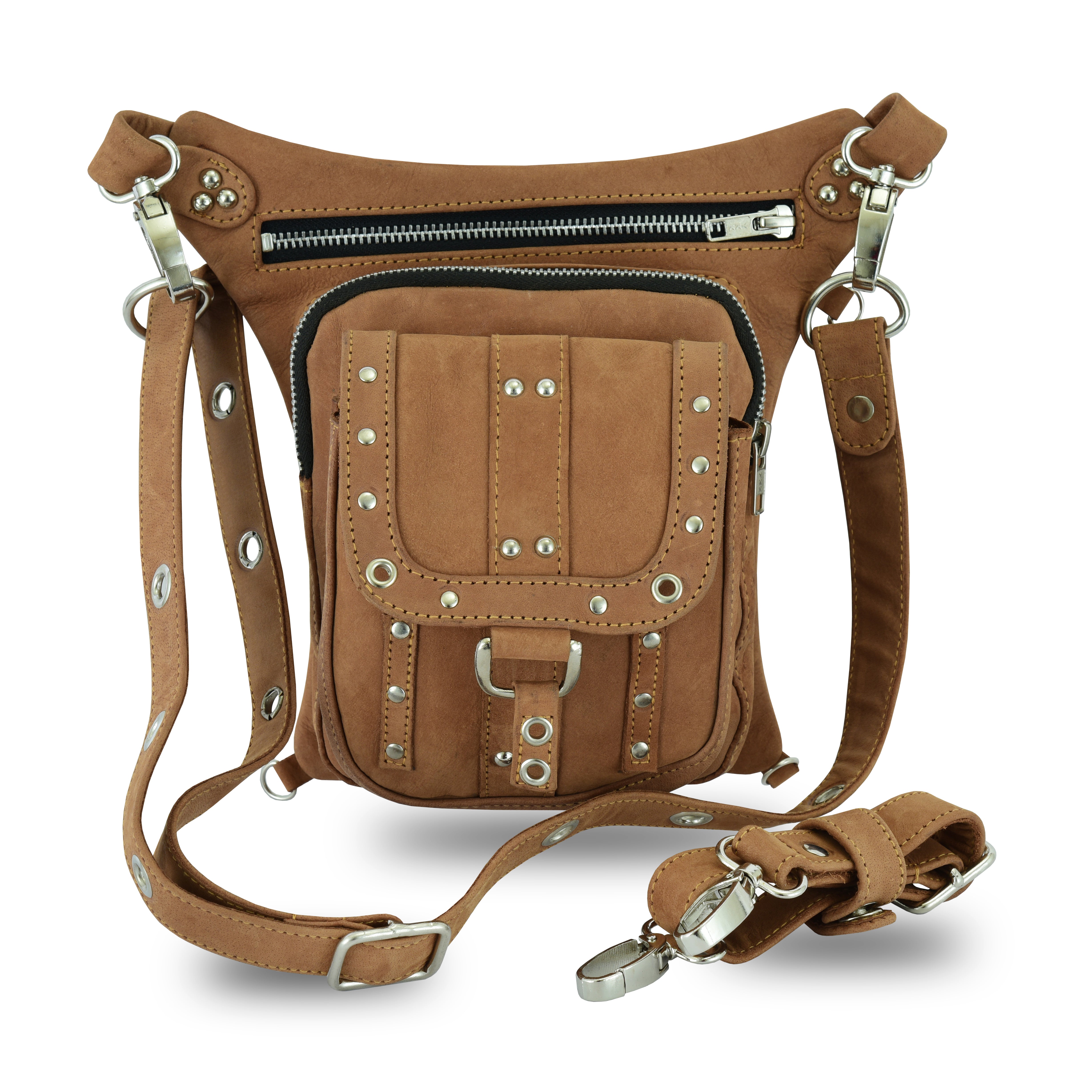 Tan Drop Leg Waist Fanny Leather Thigh Bag