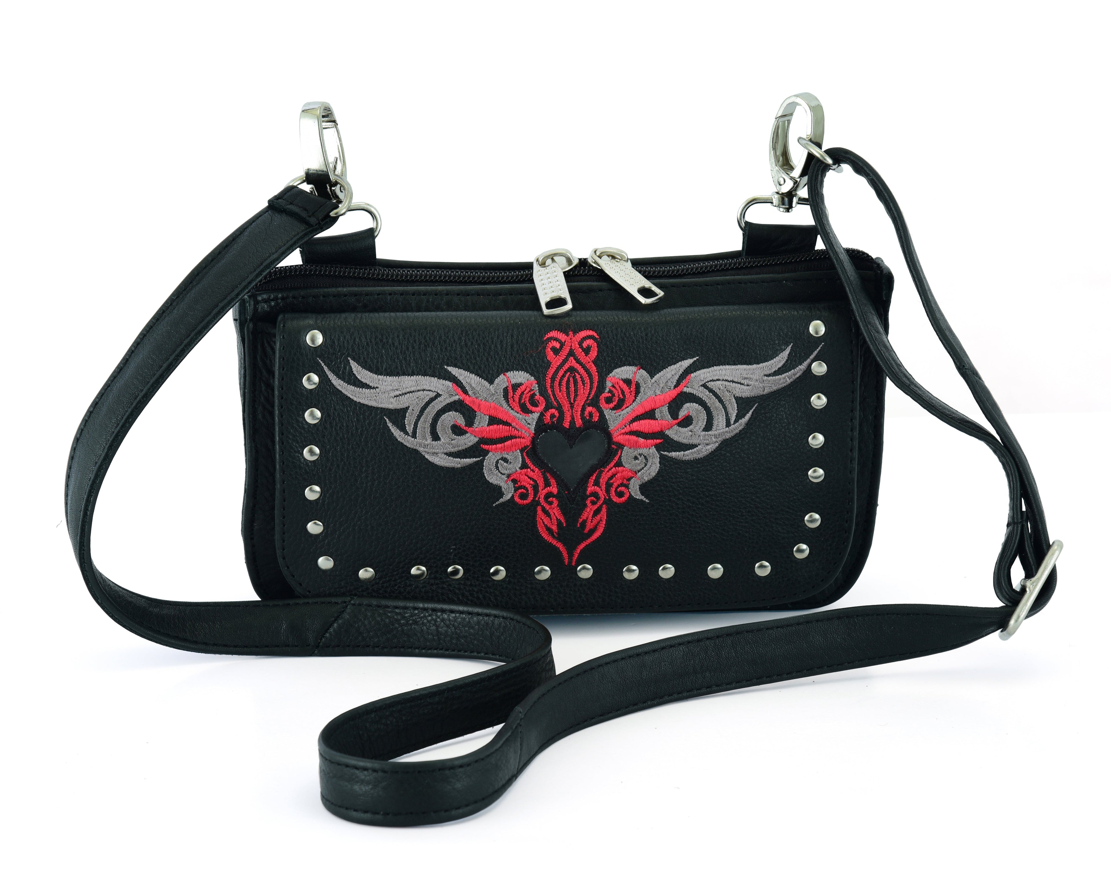 Biker Red Tribal Heart Embroidered Hip Clip Leather Bag