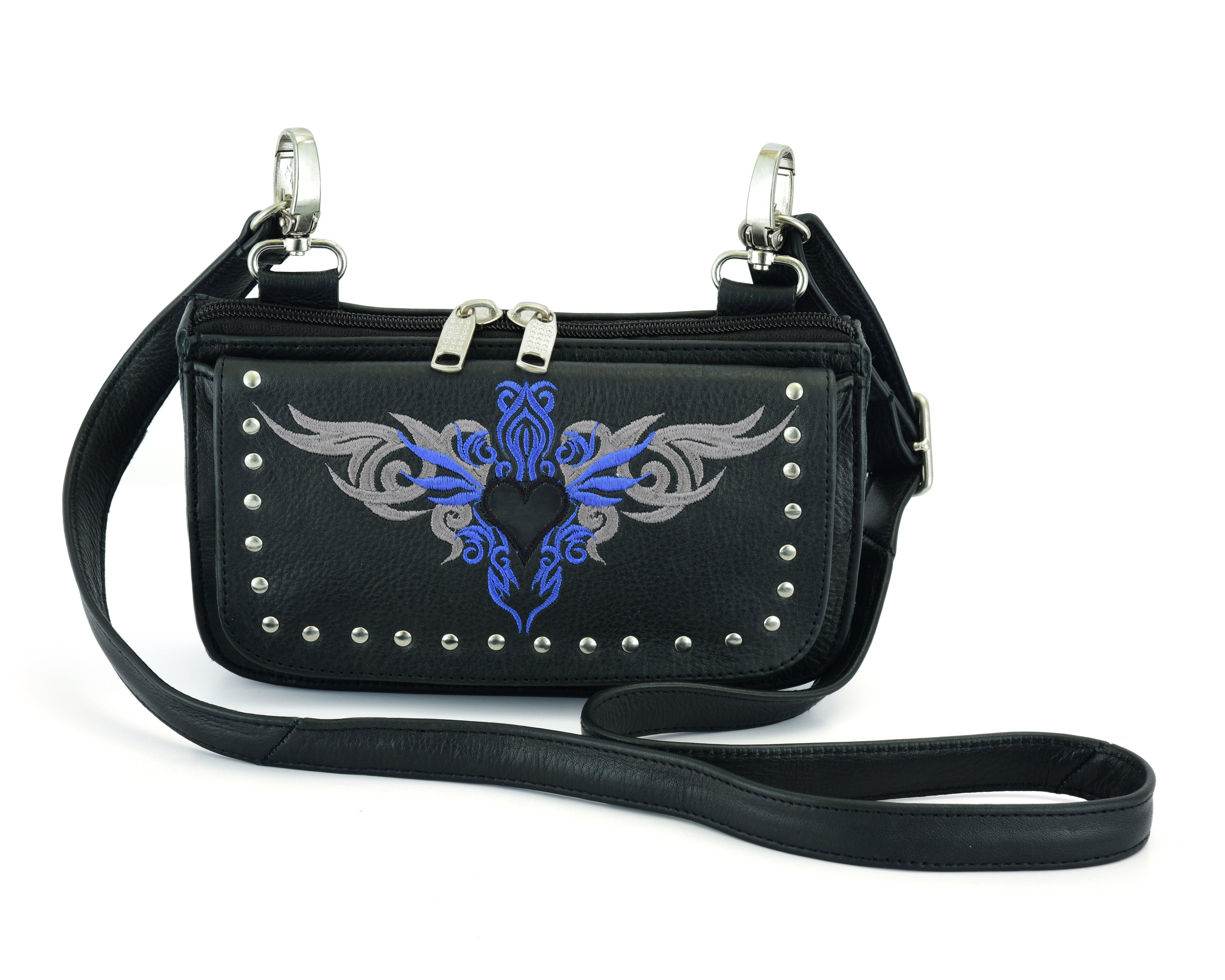Biker Blue Tribal Heart Embroidered Hip Clip Leather bag