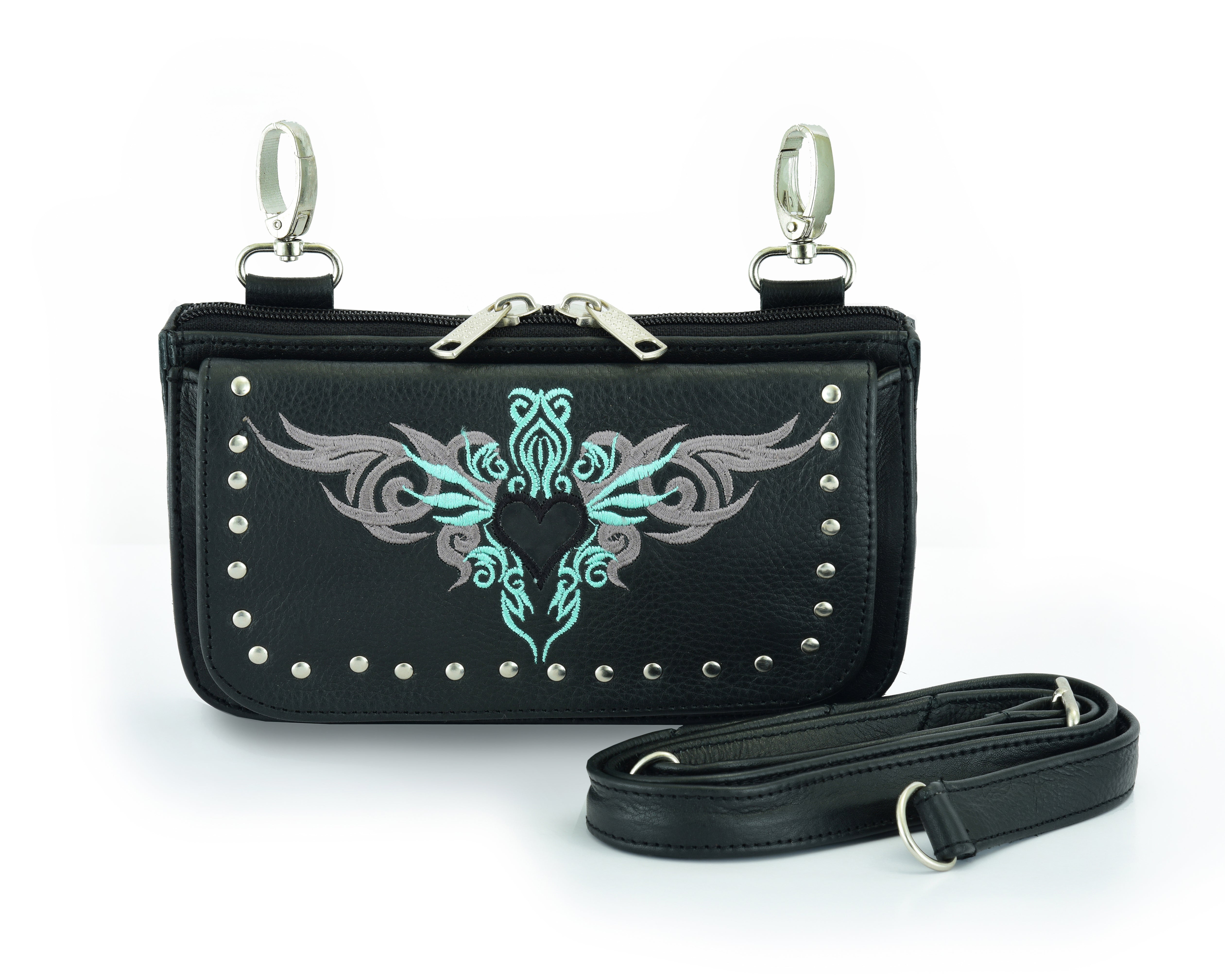 Biker Teal Embroidered Tribal Heart Hip Clip Leather Bag
