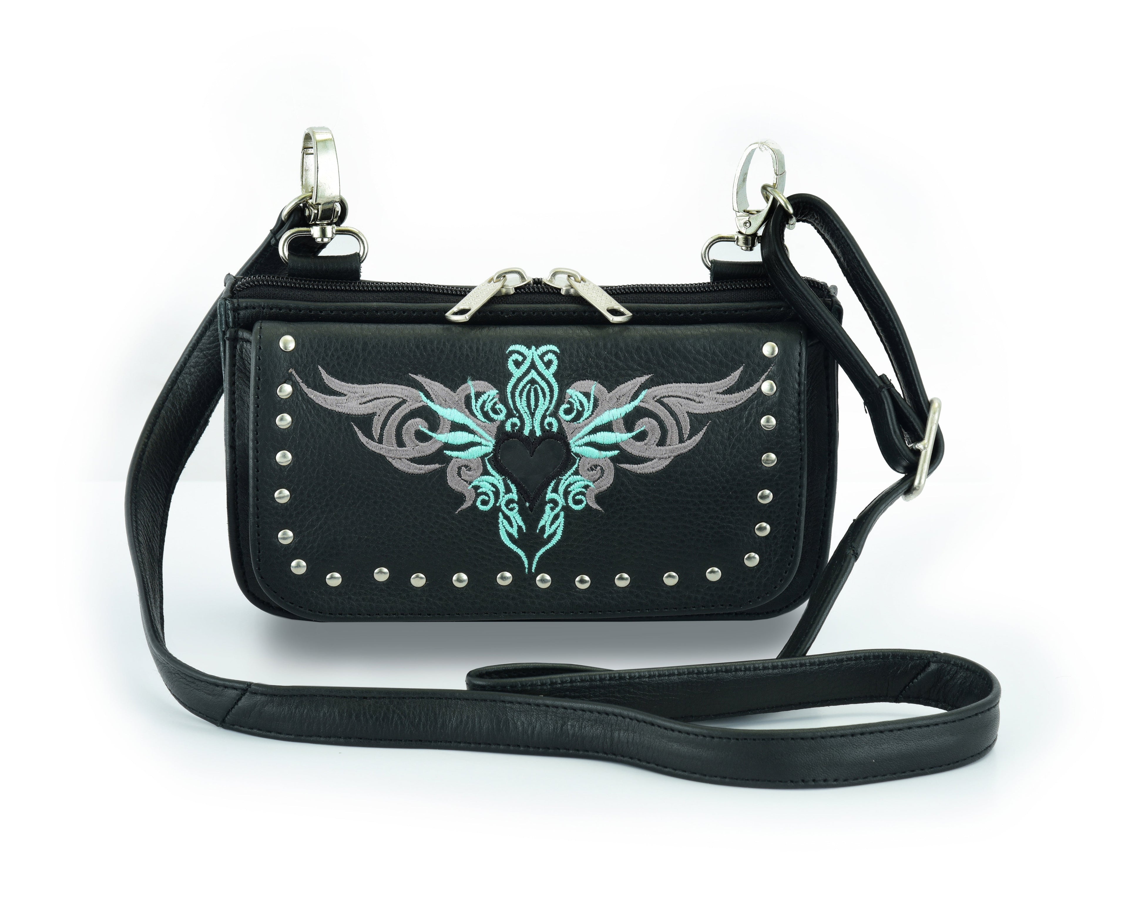Biker Teal Embroidered Tribal Heart Hip Clip Leather Bag