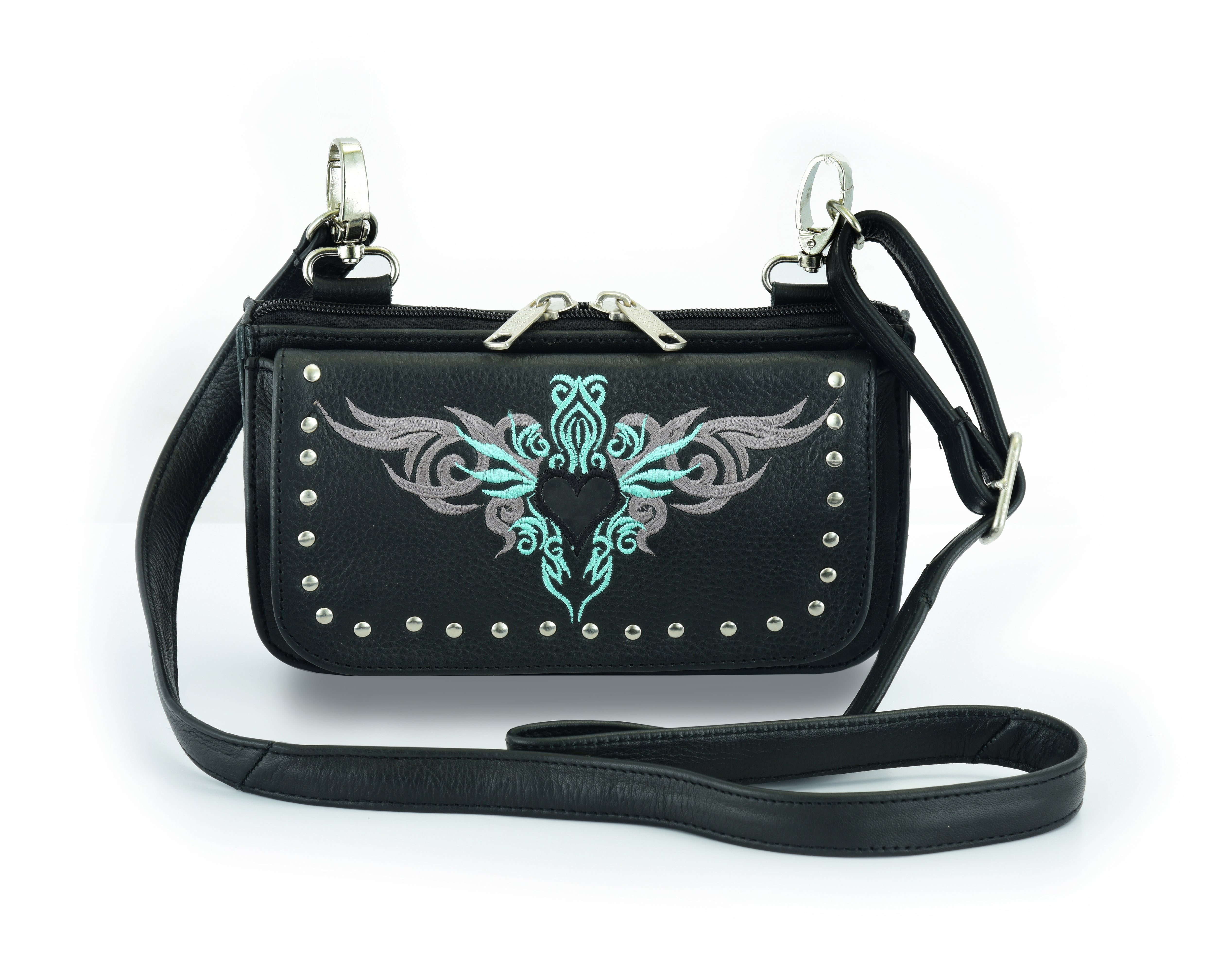 Biker Teal Embroidered Tribal Heart Hip Clip Leather Bag