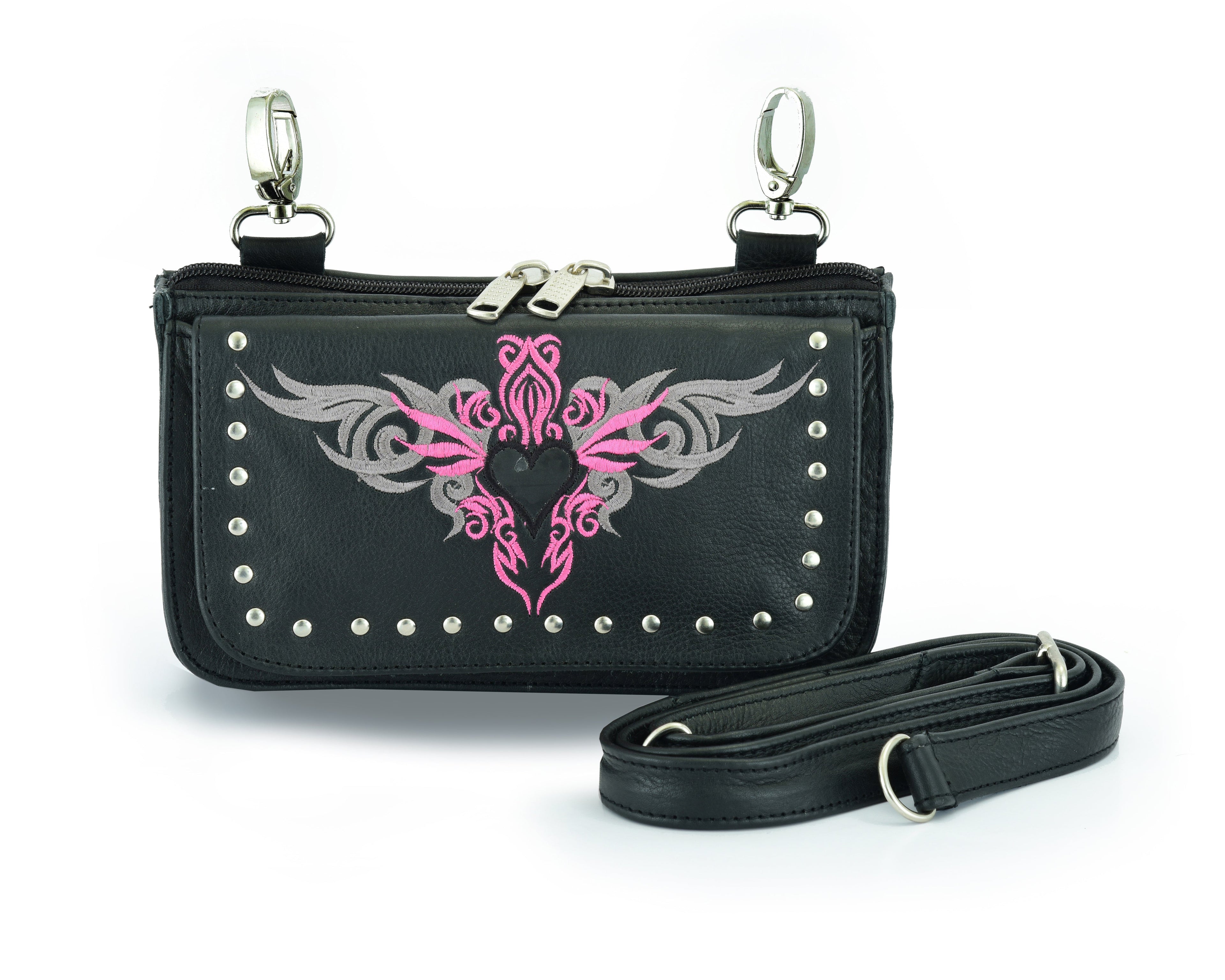Biker Pink Embroidered Tribal Heart Hip Clip Leather Bag