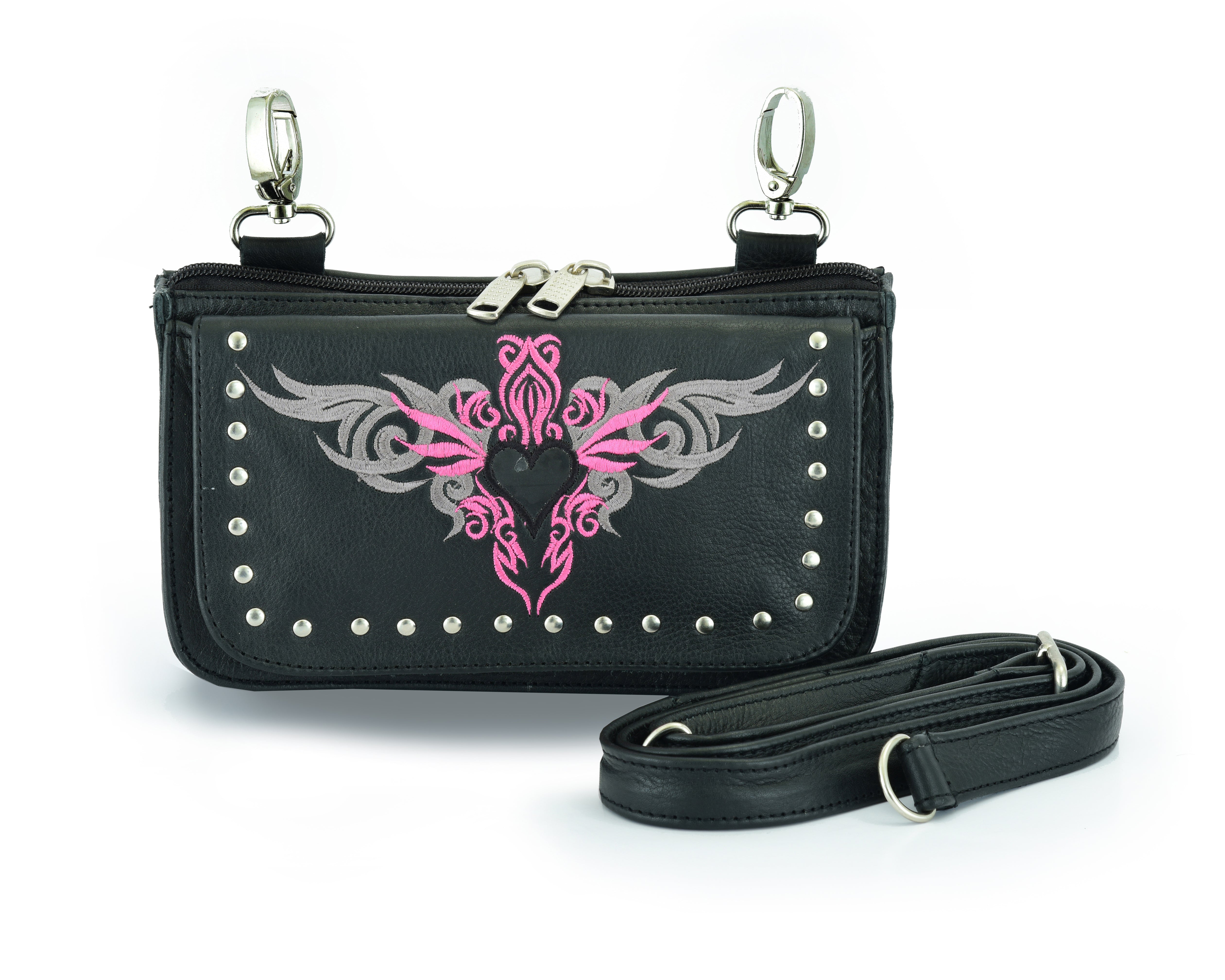 Biker Pink Embroidered Tribal Heart Hip Clip Leather Bag