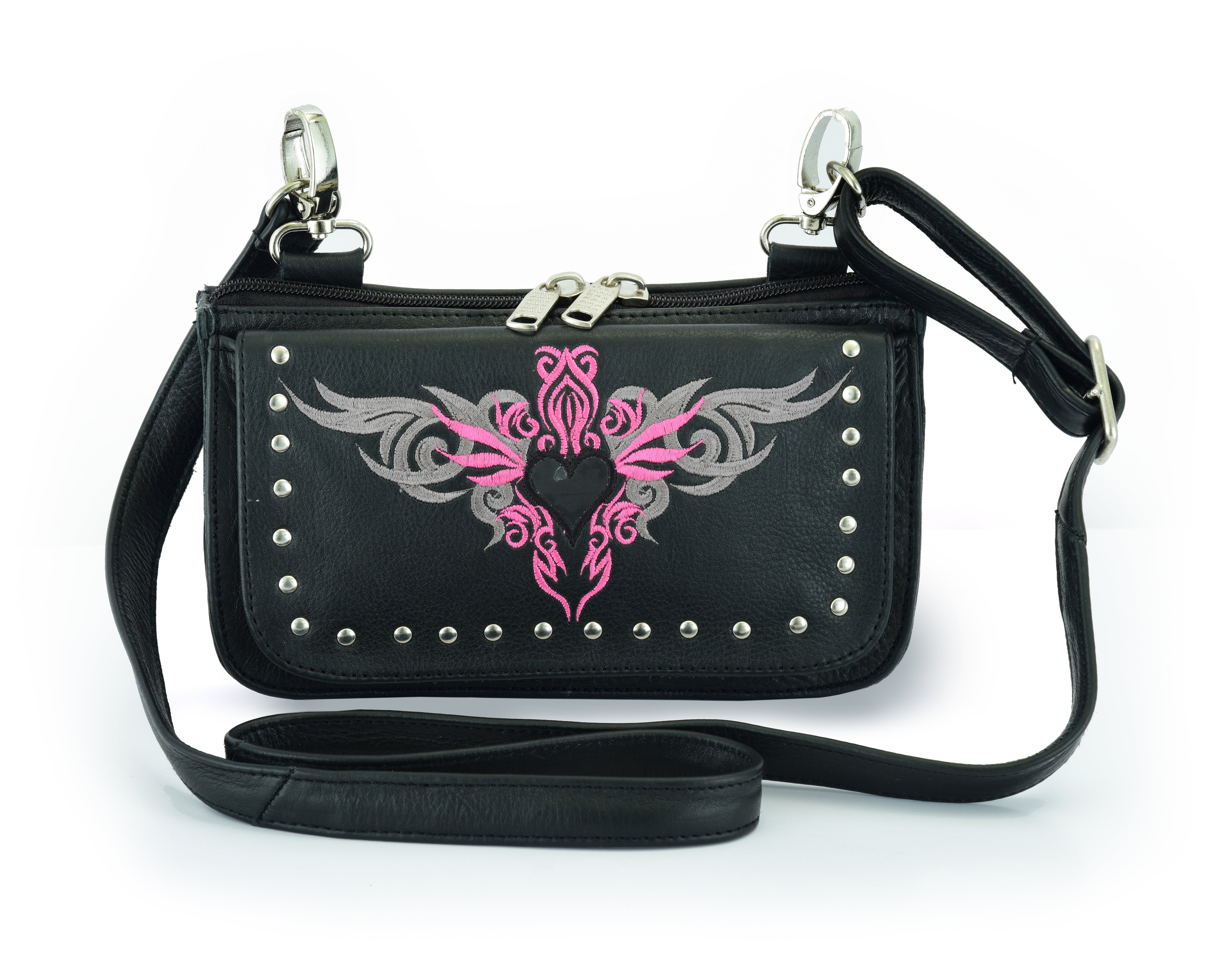 Biker Pink Embroidered Tribal Heart Hip Clip Leather Bag