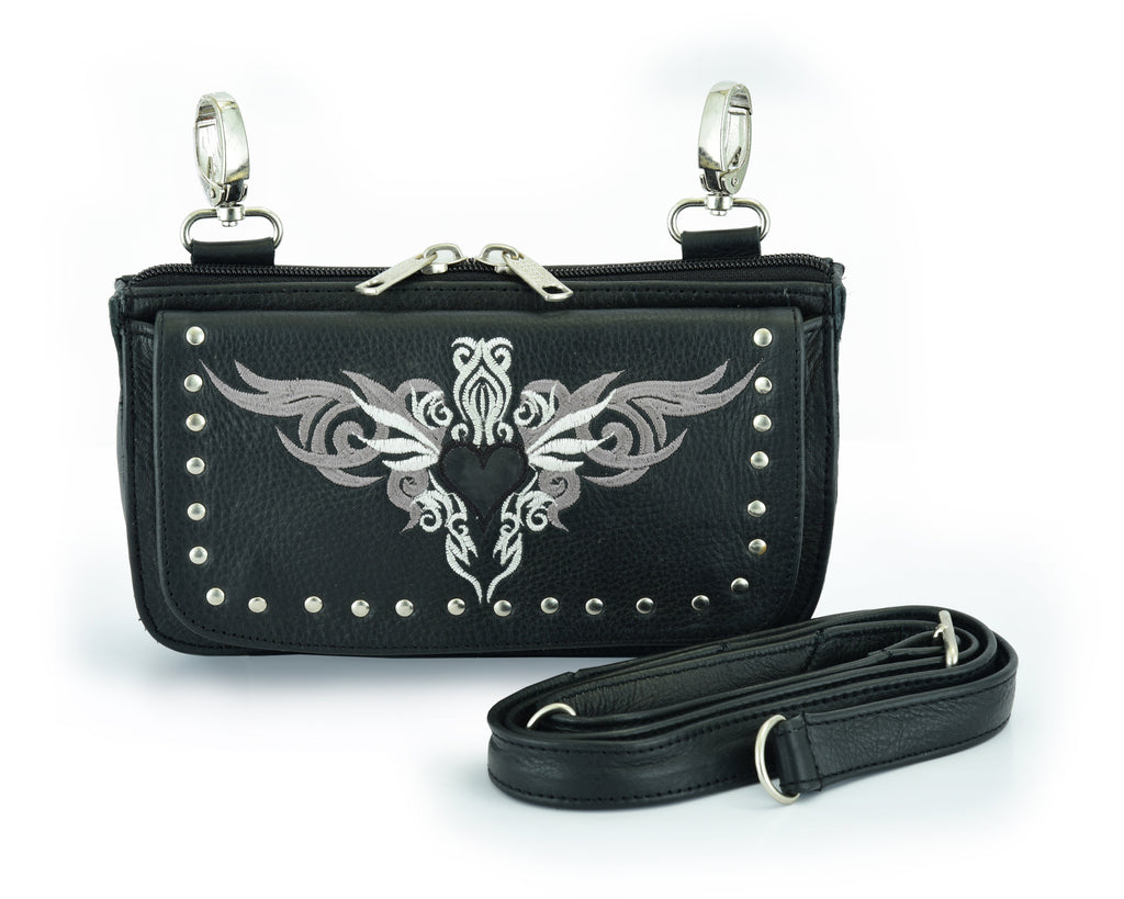 Biker Grey Tribal Heart Embroidered Hip Clip Leather Bag