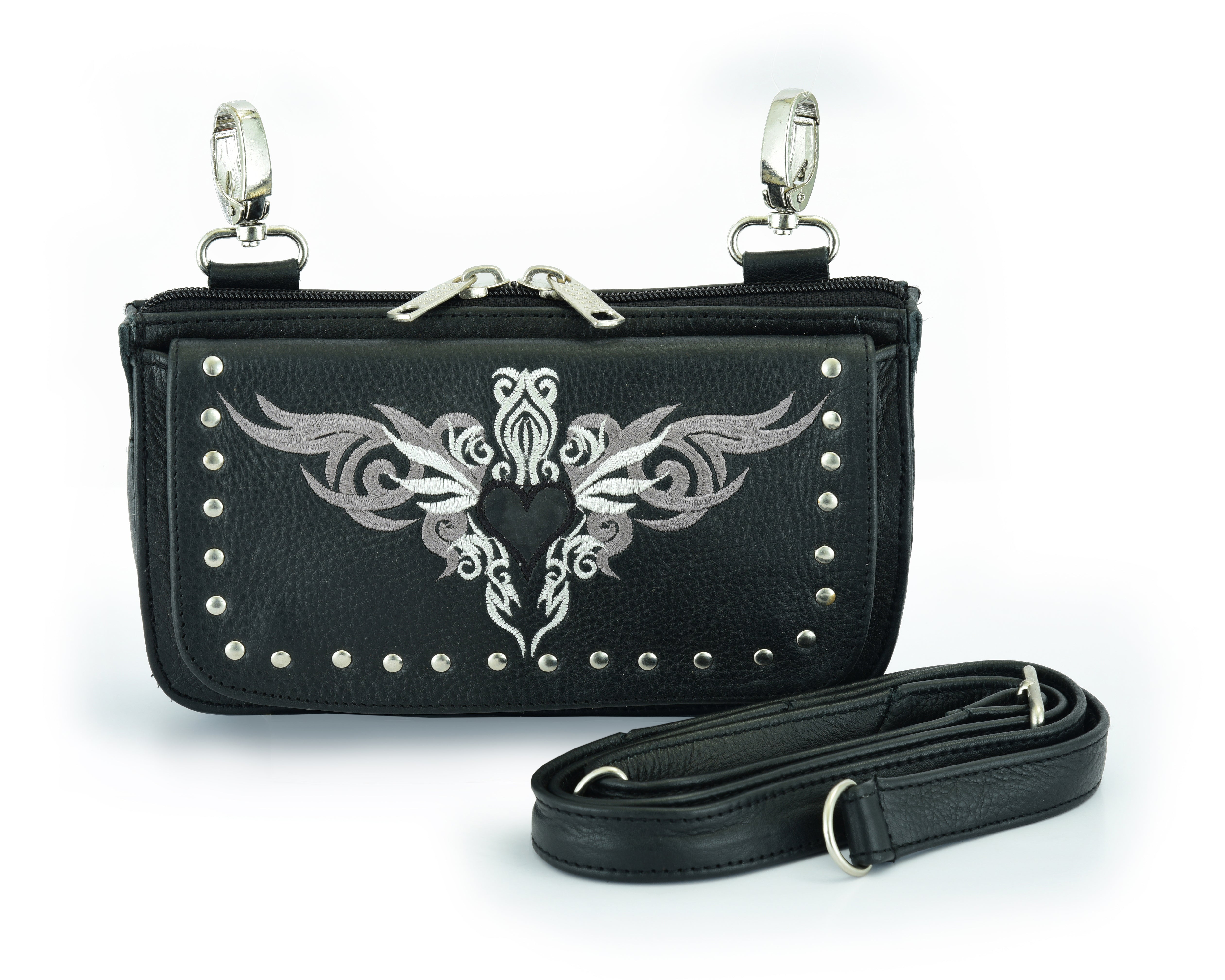 Biker Grey Tribal Heart Embroidered Hip Clip Leather Bag