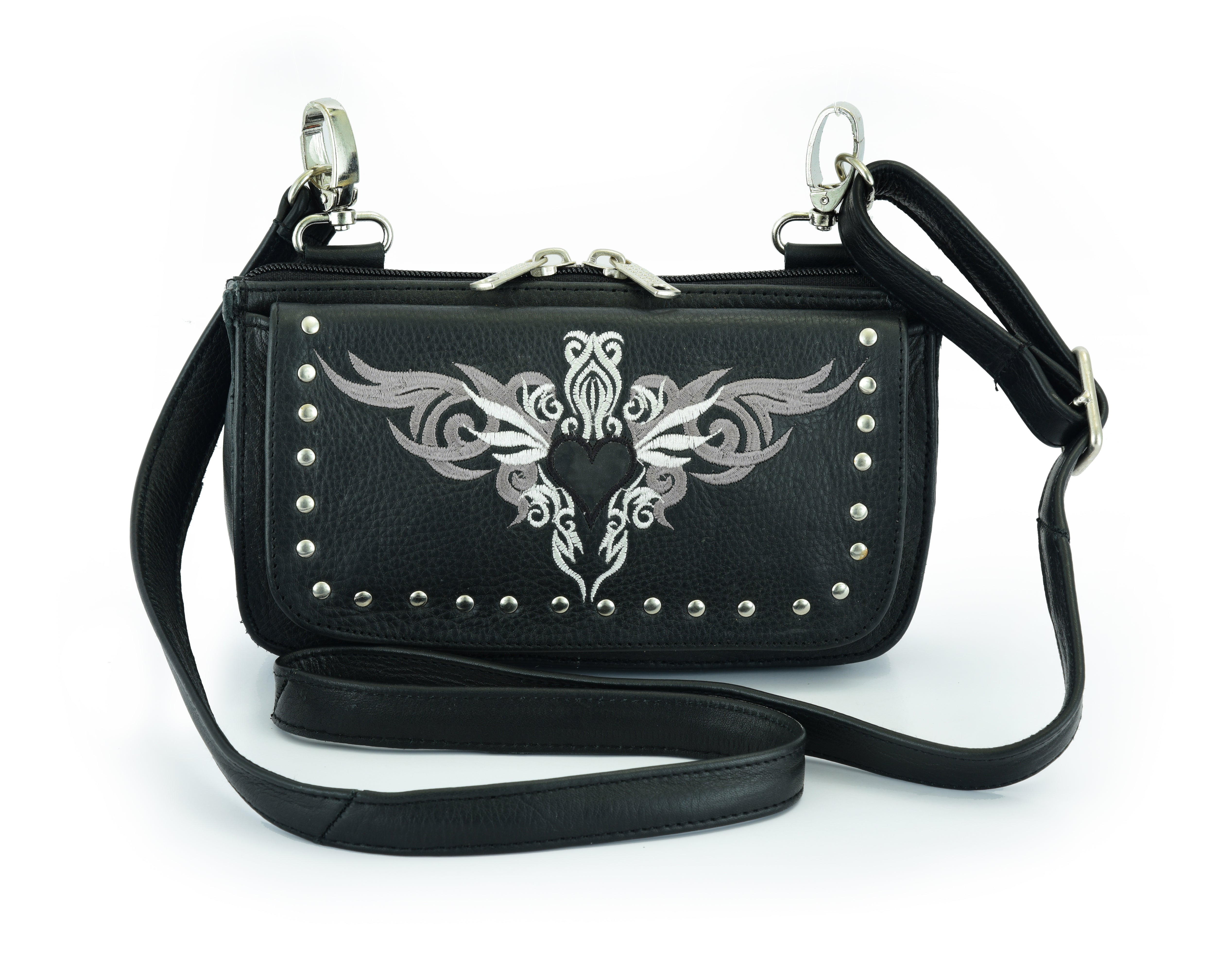 Biker Grey Tribal Heart Embroidered Hip Clip Leather Bag