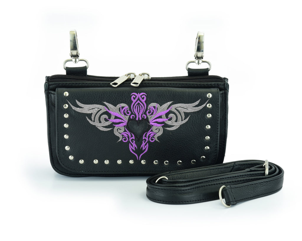 Biker Purple Tribal Heart Embroidered Hip Clip Leather Bag