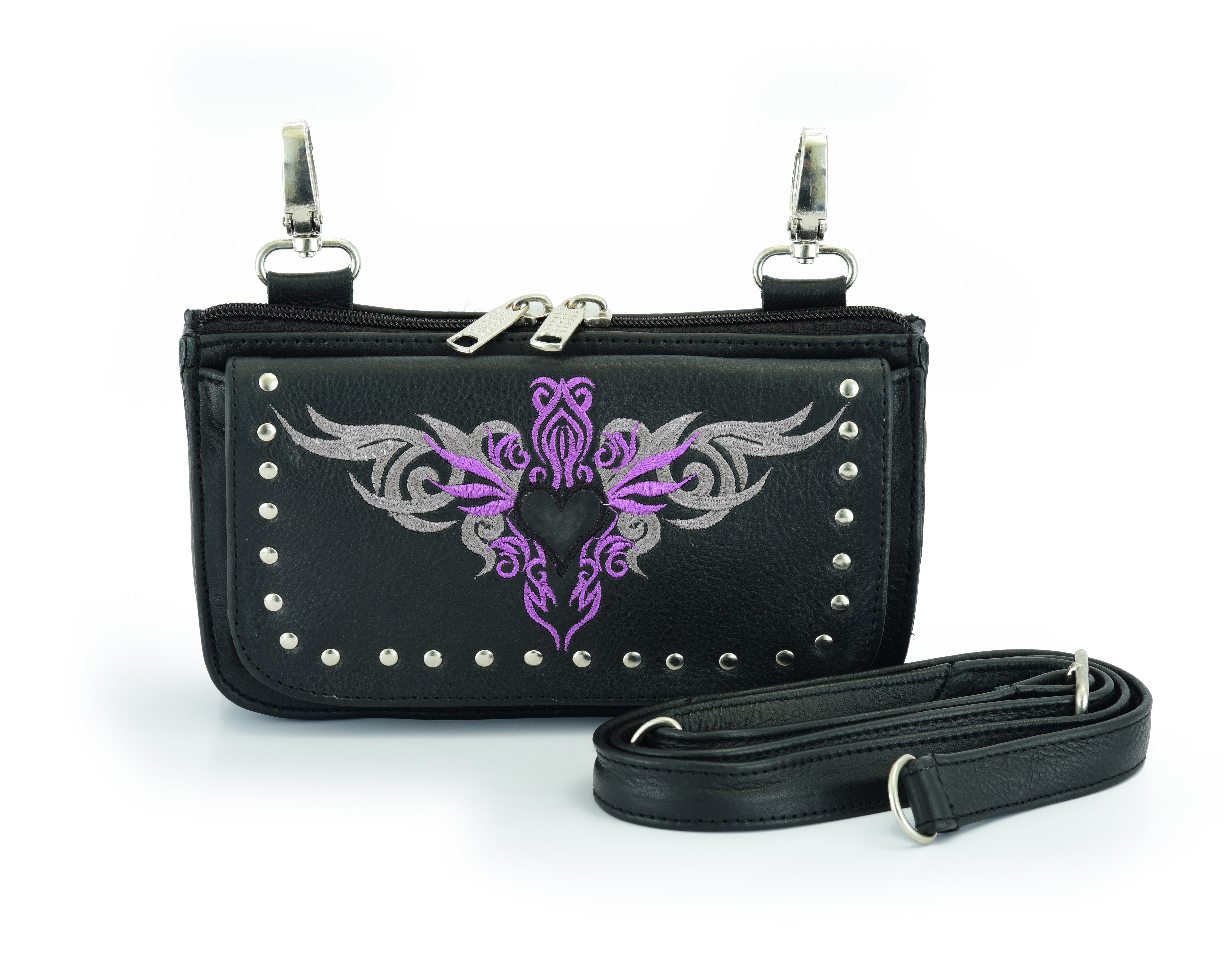 Biker Purple Tribal Heart Embroidered Hip Clip Leather Bag