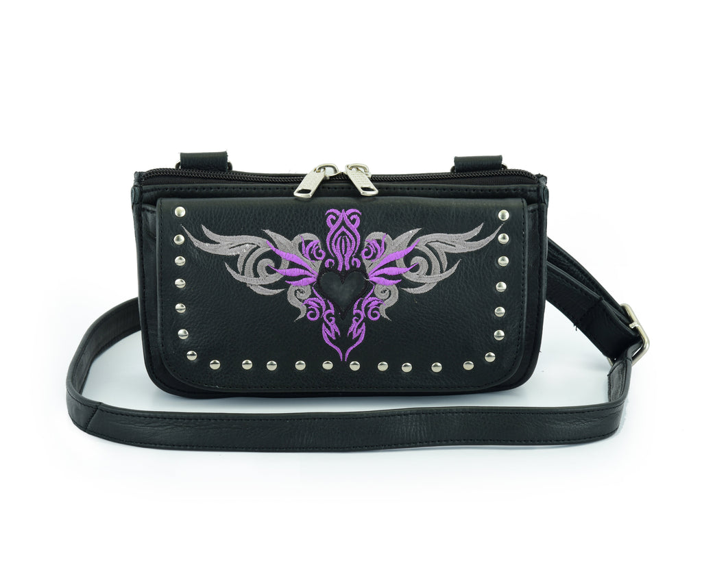 Biker Purple Tribal Heart Embroidered Hip Clip Leather Bag