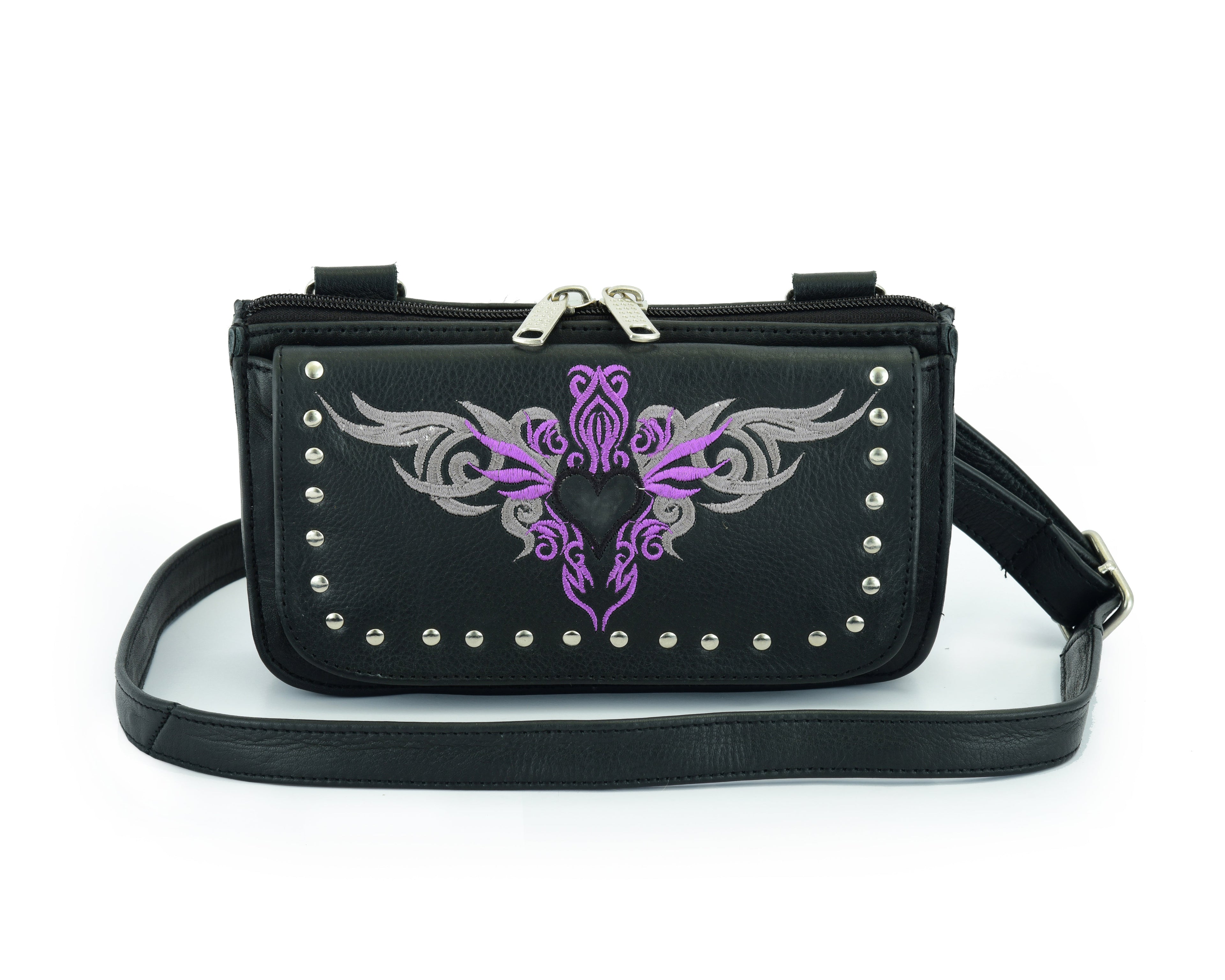 Biker Purple Tribal Heart Embroidered Hip Clip Leather Bag