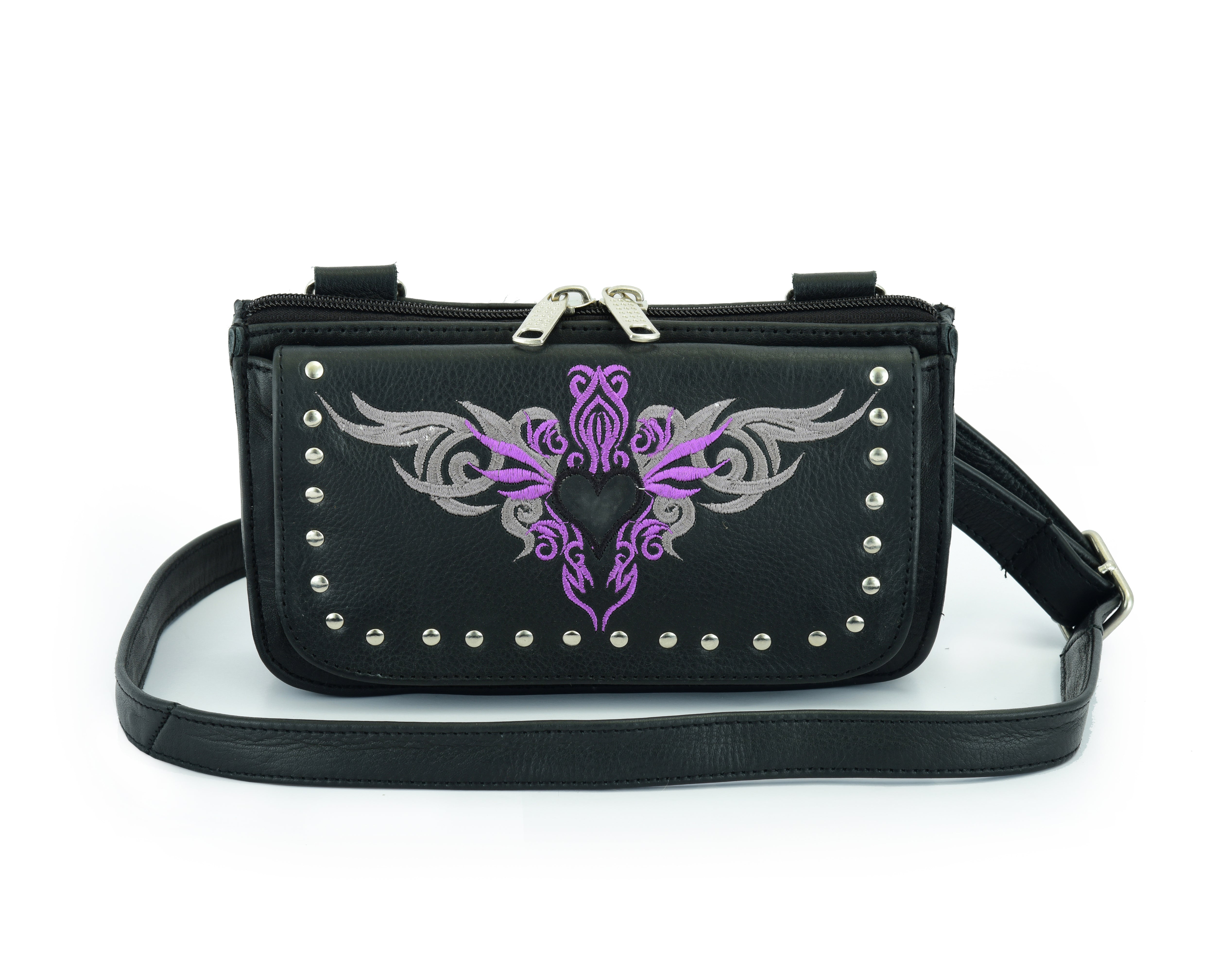 Biker Purple Tribal Heart Embroidered Hip Clip Leather Bag