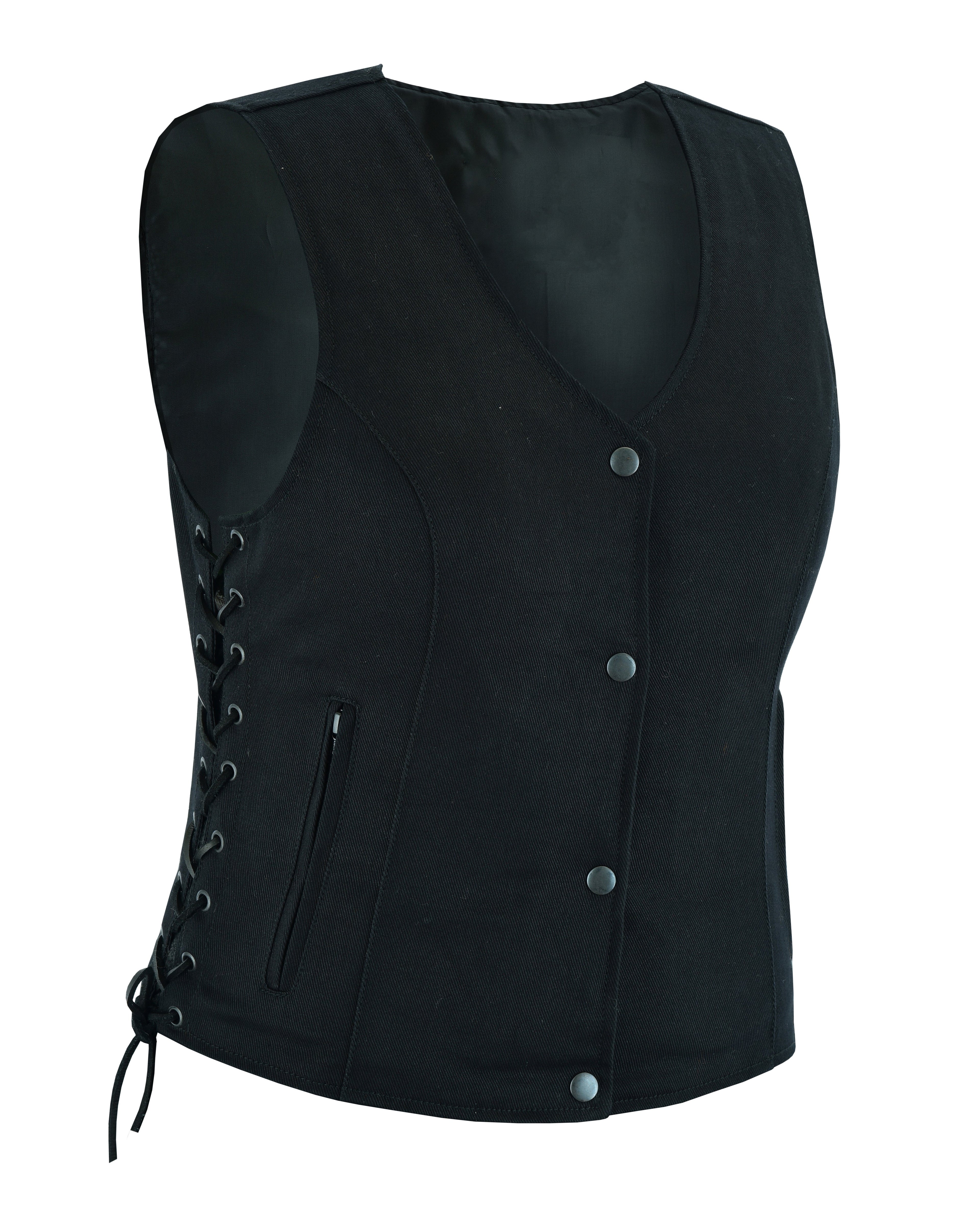 RXWV15812blackammo Women’s Denim Motorcycle Side Lace Club Vest with 2 Inside Ammo Pocket