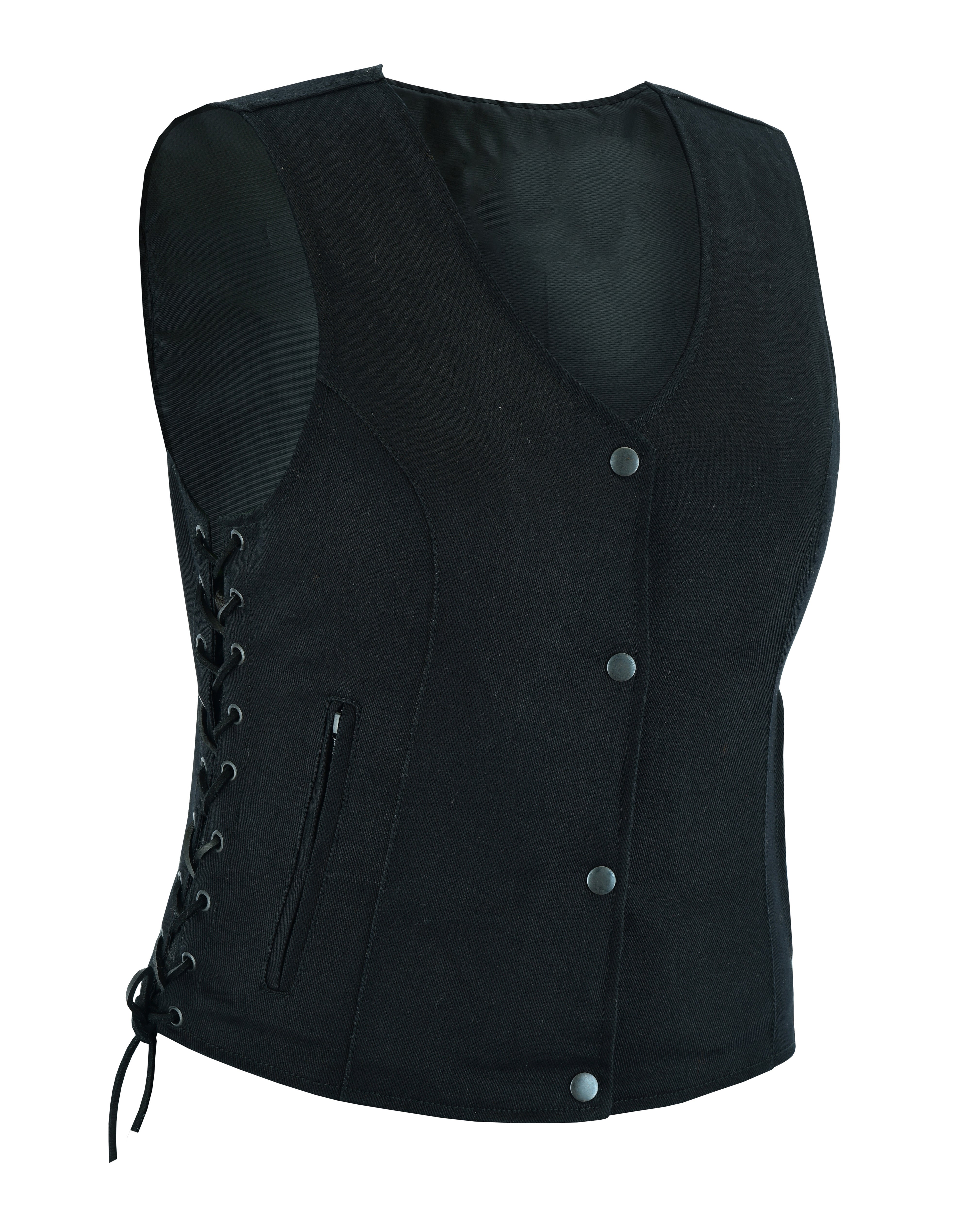 RXWV15812blackammo Women’s Denim Motorcycle Side Lace Club Vest with 2 Inside Ammo Pocket