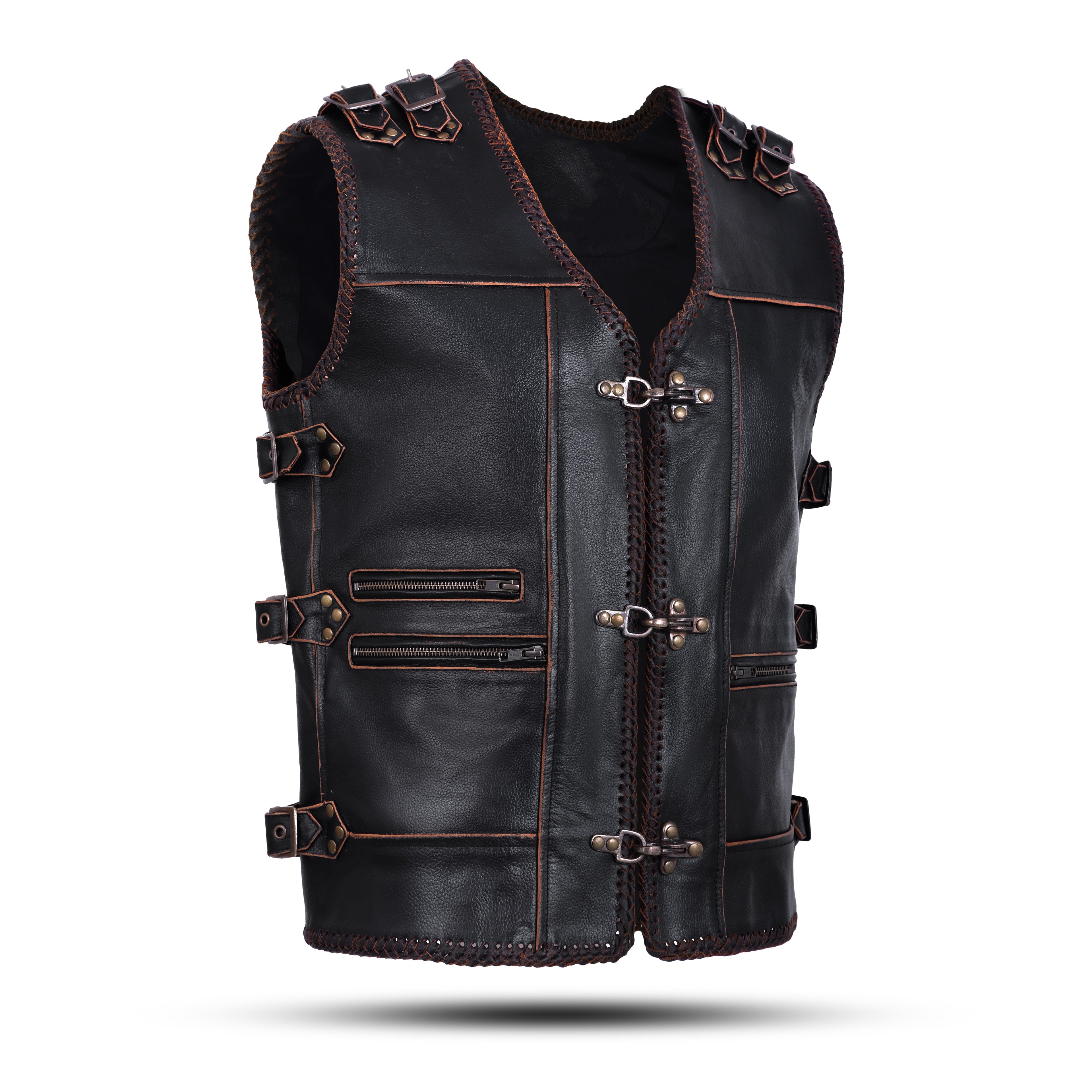 Genuine Cow Leather Rocker Braided Vest – Heavy Metal Zipper & Buckle Detail by Rexons