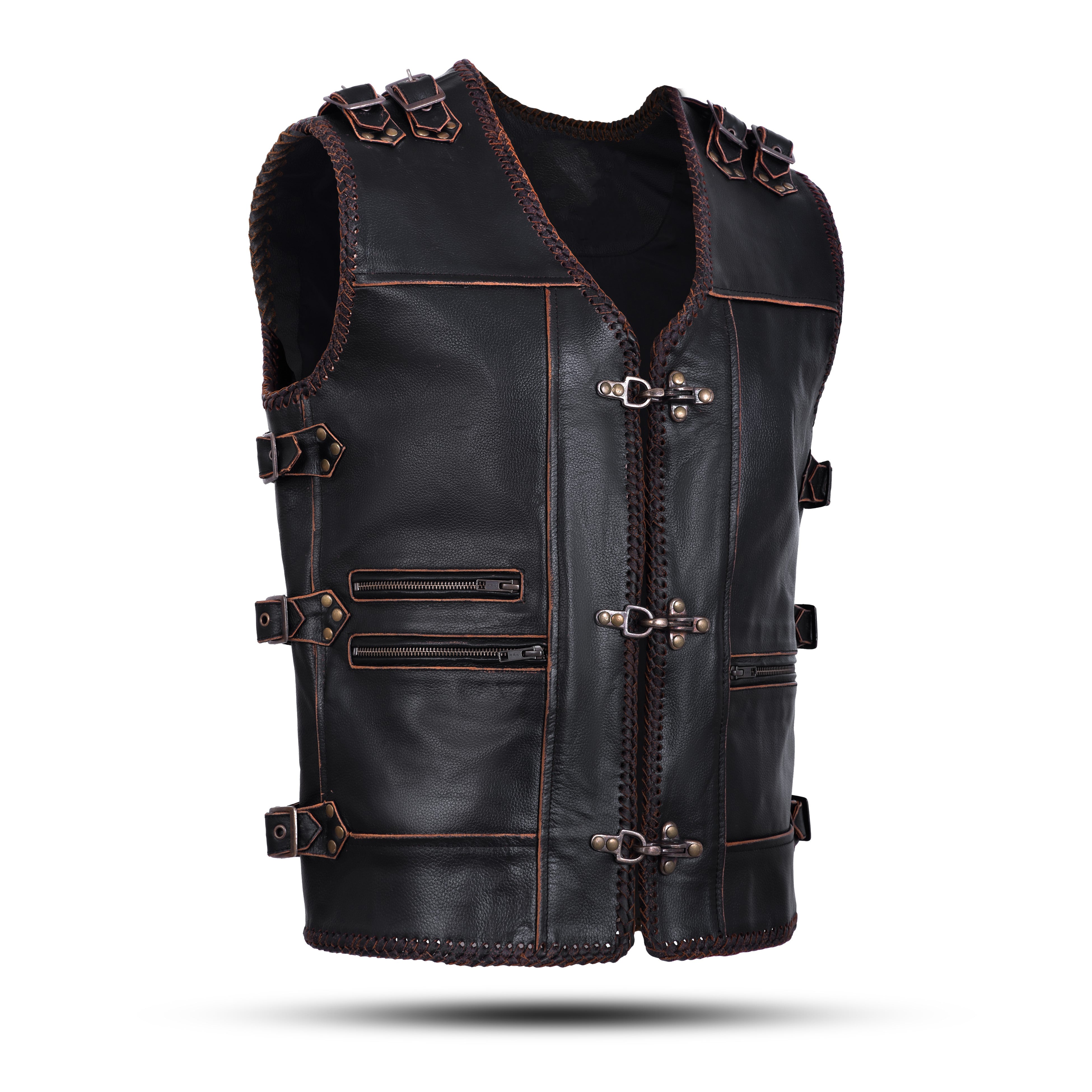 Genuine Cow Leather Rocker Braided Vest – Heavy Metal Zipper & Buckle Detail by Rexons