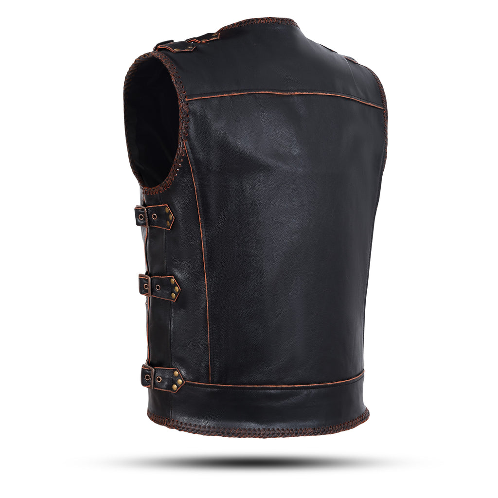 Genuine Cow Leather Rocker Braided Vest – Heavy Metal Zipper & Buckle Detail by Rexons