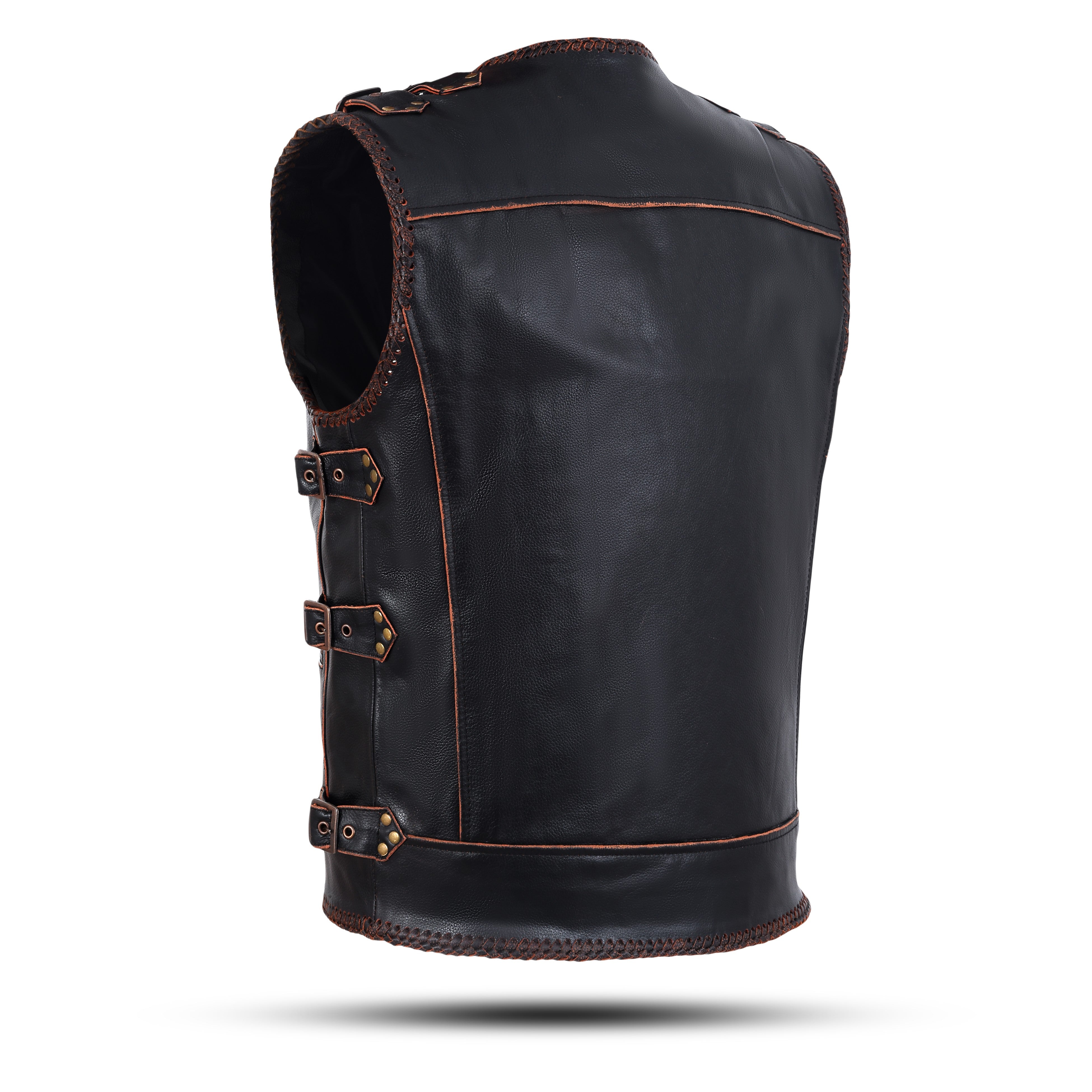 Genuine Cow Leather Rocker Braided Vest – Heavy Metal Zipper & Buckle Detail by Rexons