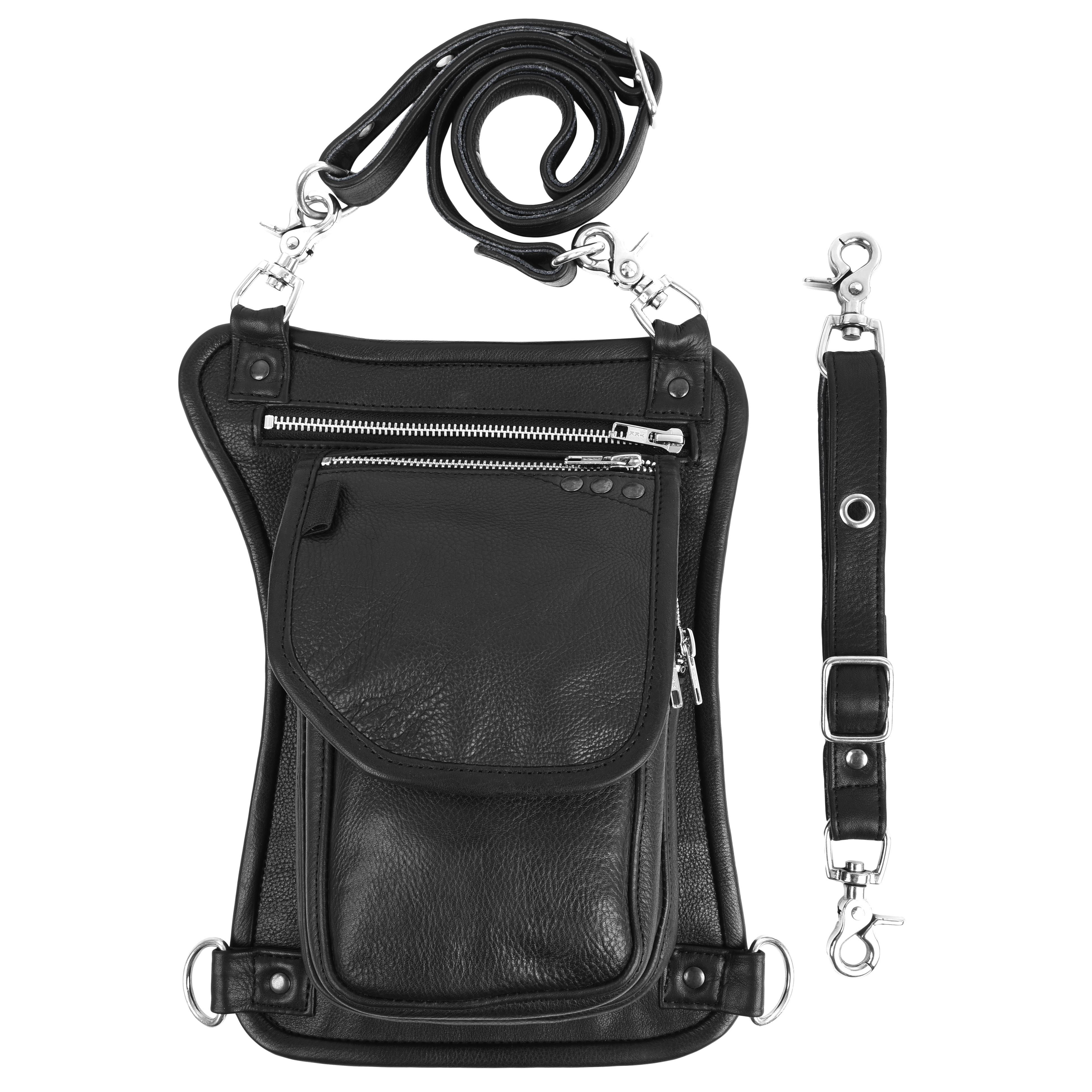 Black No Button Drop Leg Leather Thigh Bag