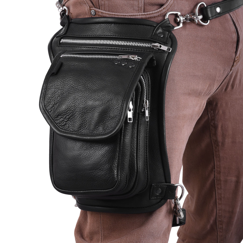 Black No Button Drop Leg Leather Thigh Bag