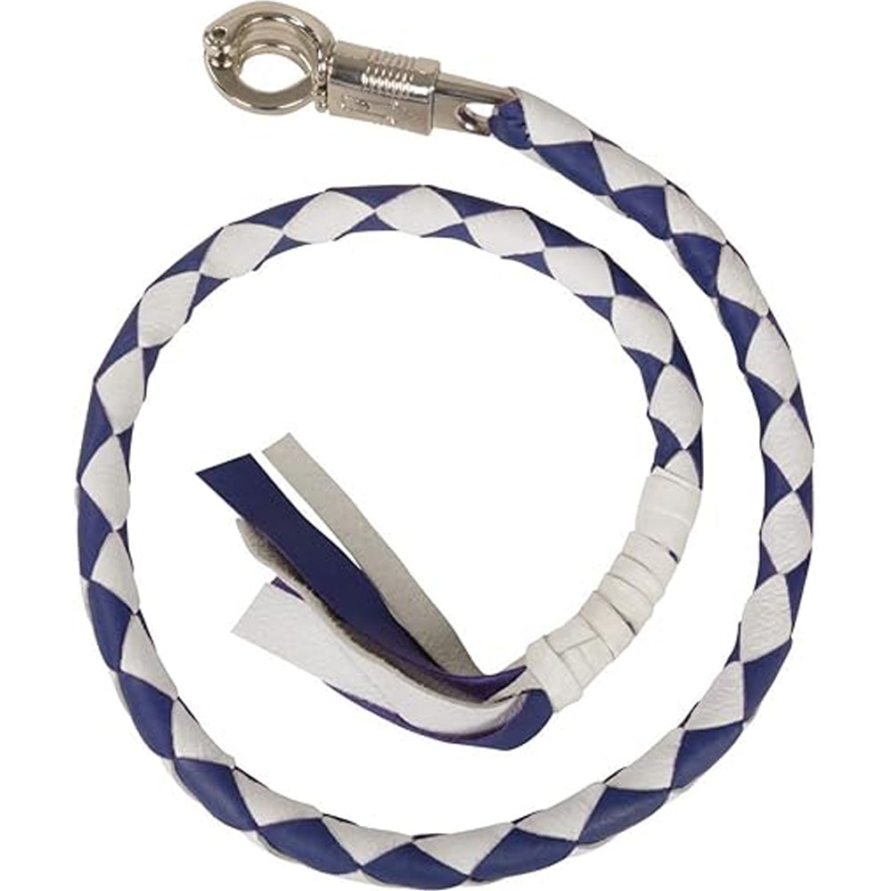 Thick Hand-Braided Leather Get Back Whip – Blue/Silver Motorcycle Handlebar Whip by Rexons