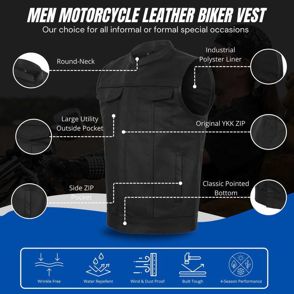 Motorcycle Vest for Men – Premium Buffalo Leather Riding Vest with Back Armor & Inside Pockets | All-Season Club Style by Rexons