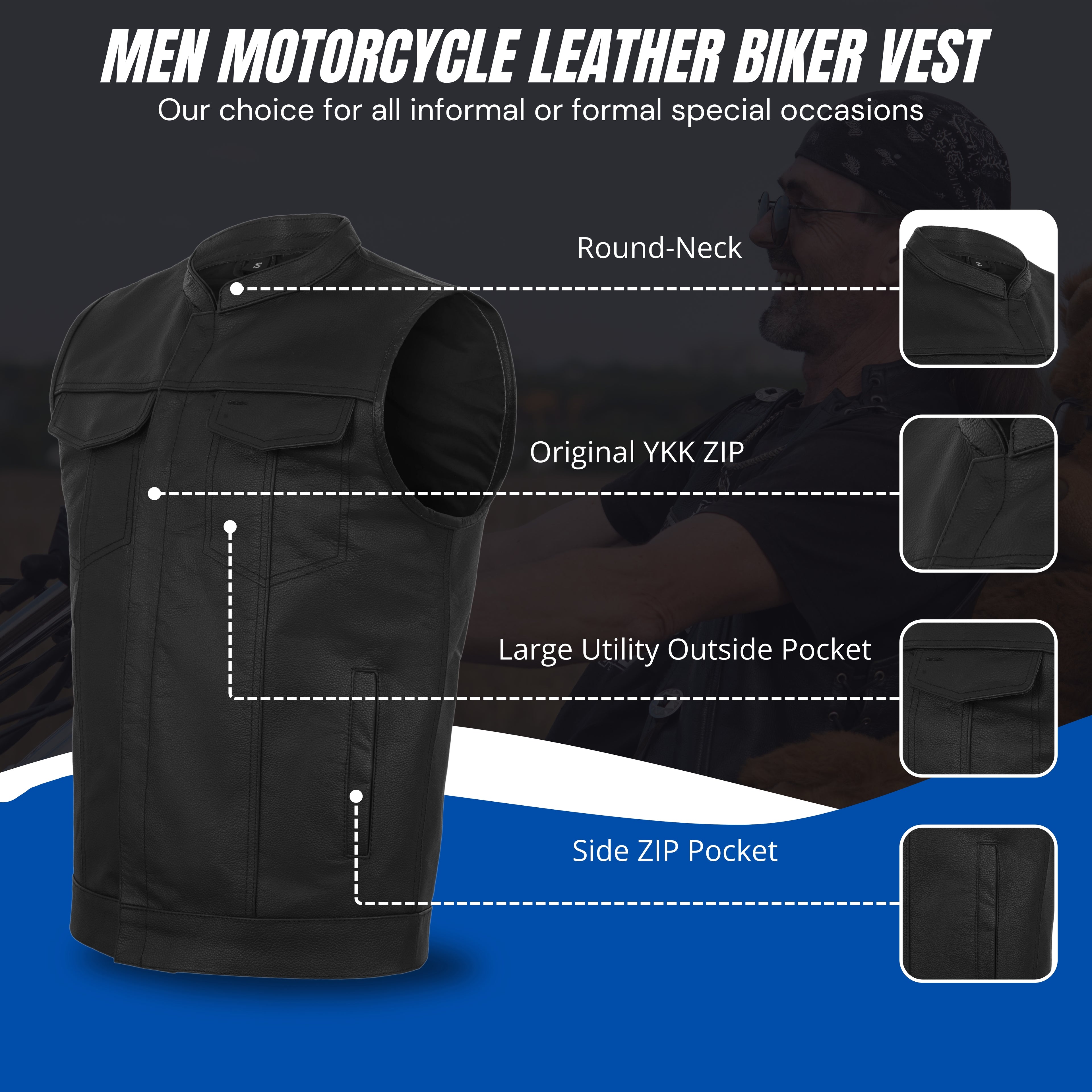 Motorcycle Vest for Men – Premium Buffalo Leather Riding Vest with Back Armor & Inside Pockets | All-Season Club Style by Rexons