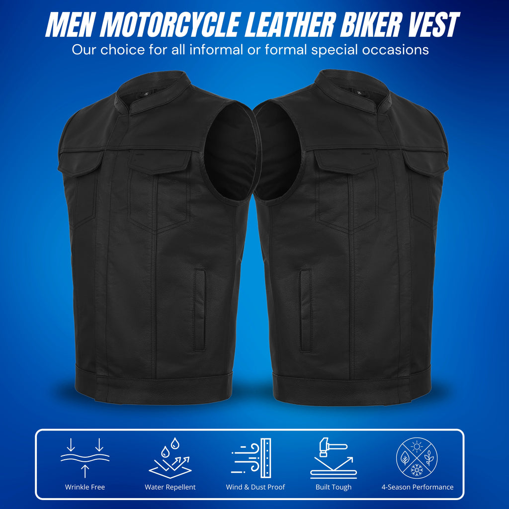 Motorcycle Vest for Men – Premium Buffalo Leather Riding Vest with Back Armor & Inside Pockets | All-Season Club Style by Rexons