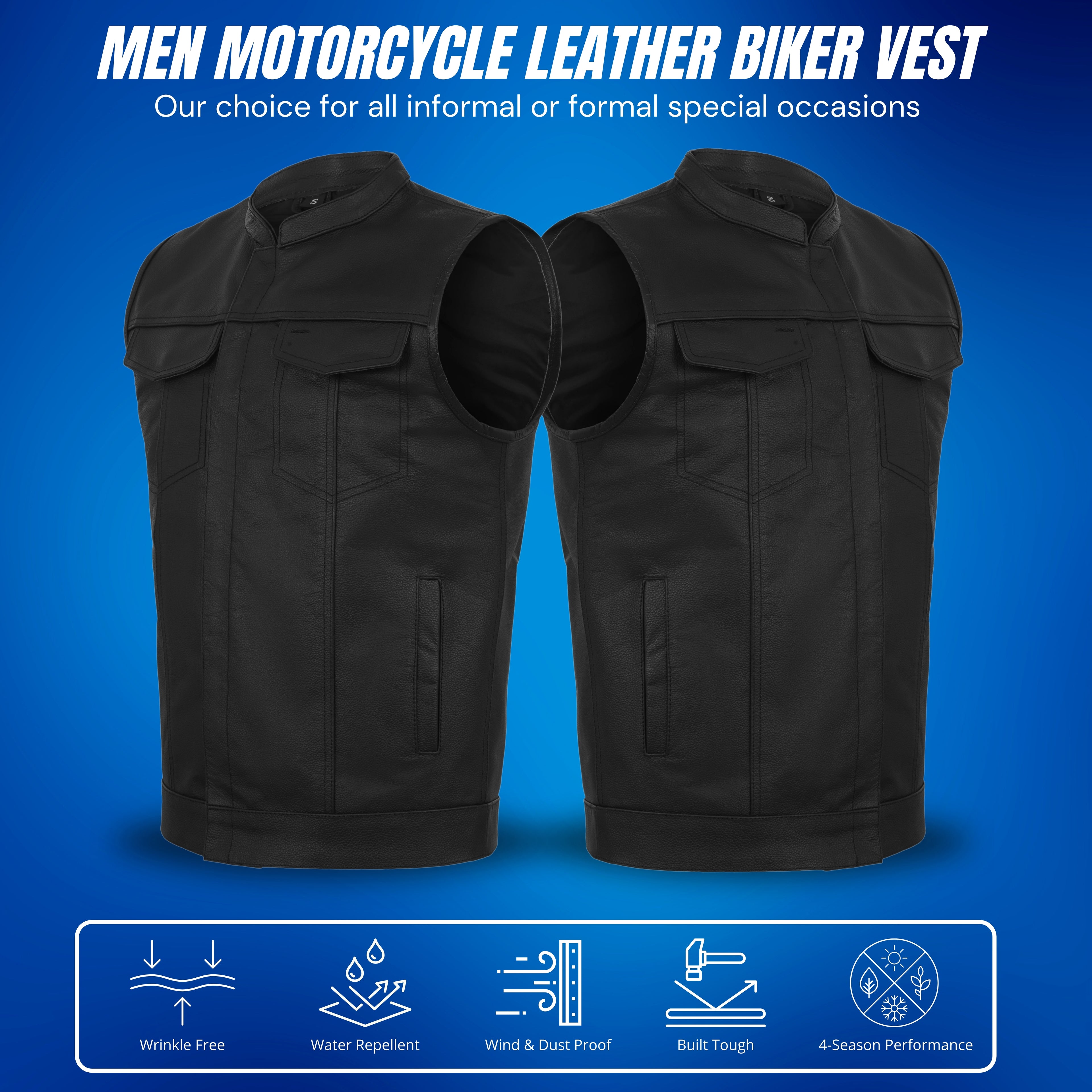 Motorcycle Vest for Men – Premium Buffalo Leather Riding Vest with Back Armor & Inside Pockets | All-Season Club Style by Rexons