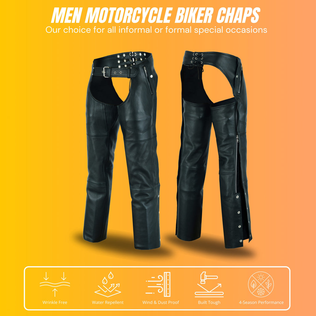 A&H Apparel Men’s Premium Cowhide Leather Motorcycle Chaps – Elastic Fit for Comfort & Flexibility