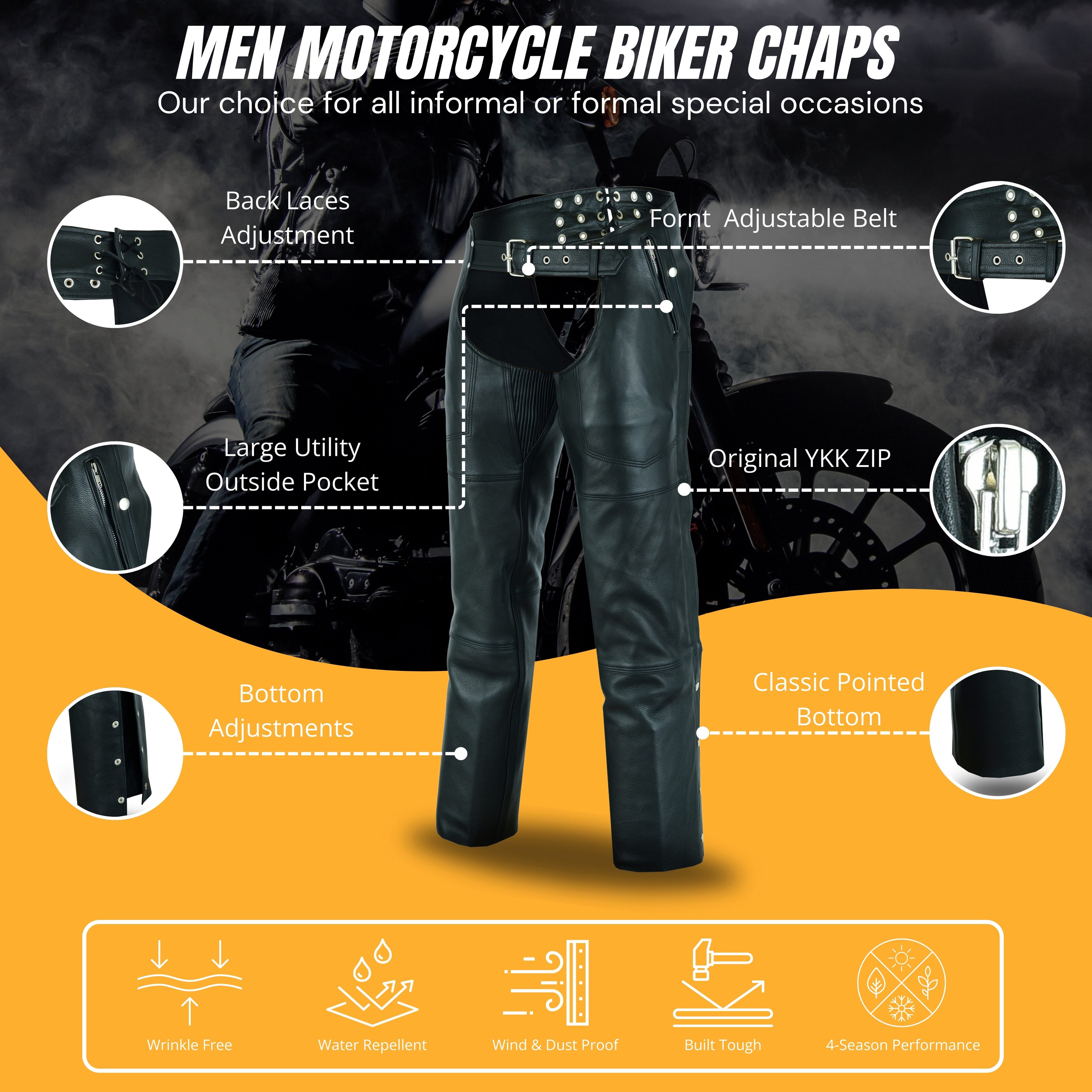 A&H Apparel Men’s Premium Cowhide Leather Motorcycle Chaps – Elastic Fit for Comfort & Flexibility