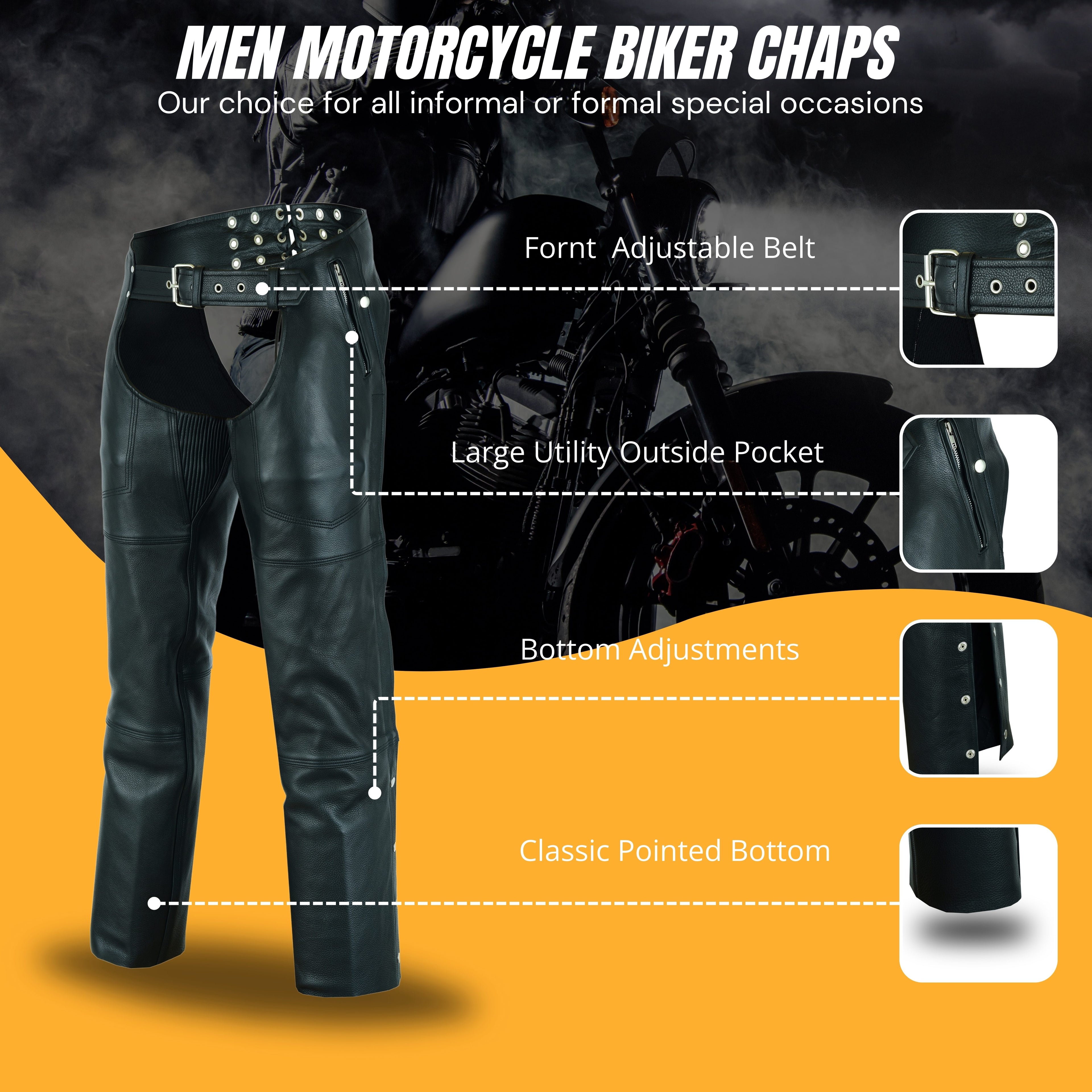 A&H Apparel Men’s Premium Cowhide Leather Motorcycle Chaps – Elastic Fit for Comfort & Flexibility