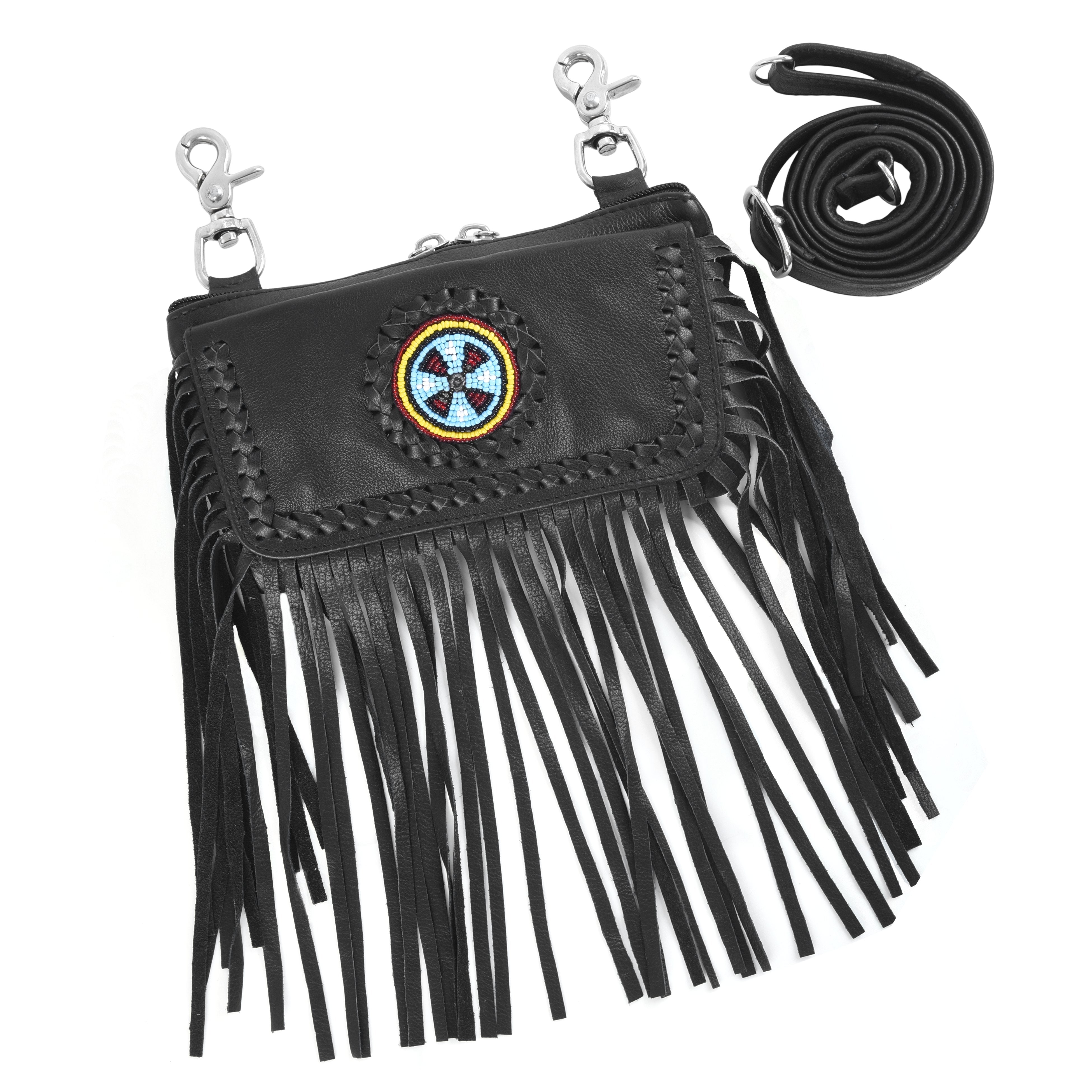 Black Indian Studded Hip Clip Leather Bag