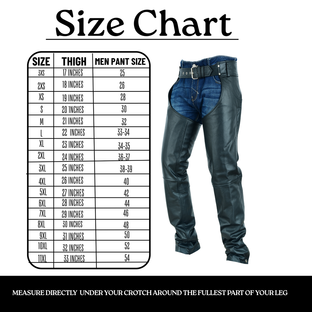 HL12836 Classic Leather Motorcycle Chaps – Jean Pocket Style Riding Gear