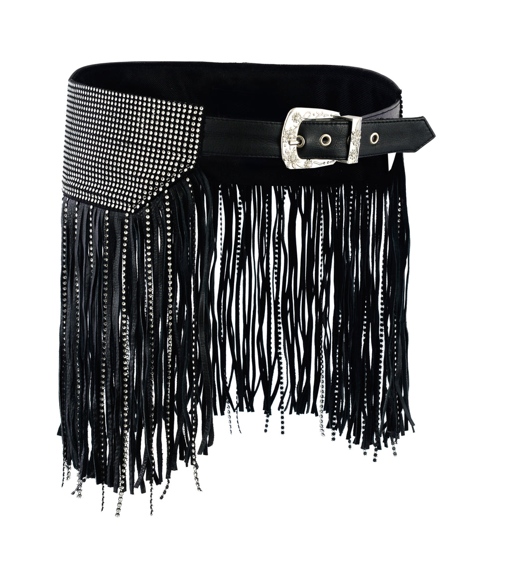 Black Tassel Bling Leather Hip Belt – Statement Fashion Waist Chain by Rexons