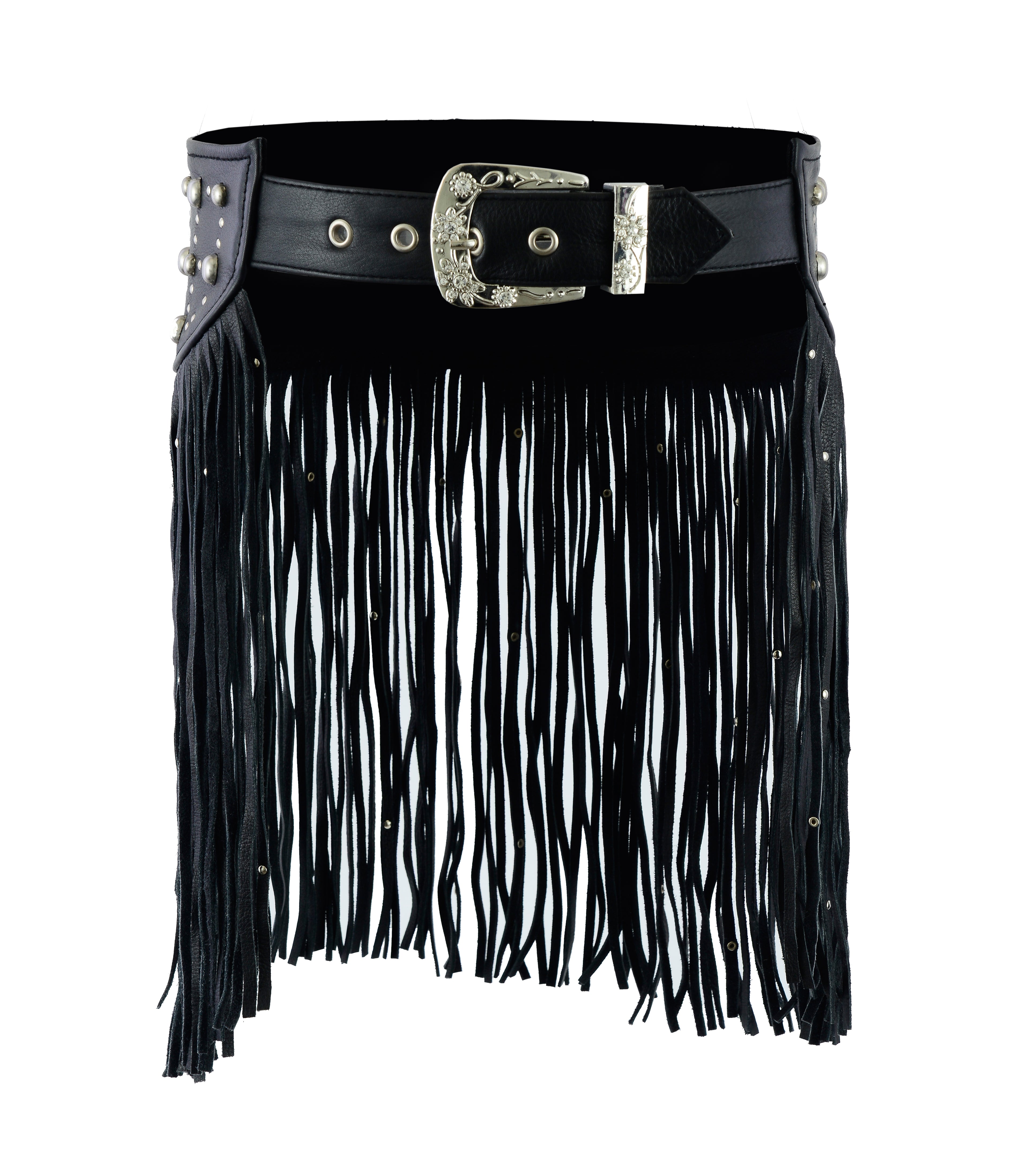 Black Tassel Studded Leather Hip Belt – Edgy Festival Waist Chain by Rexons