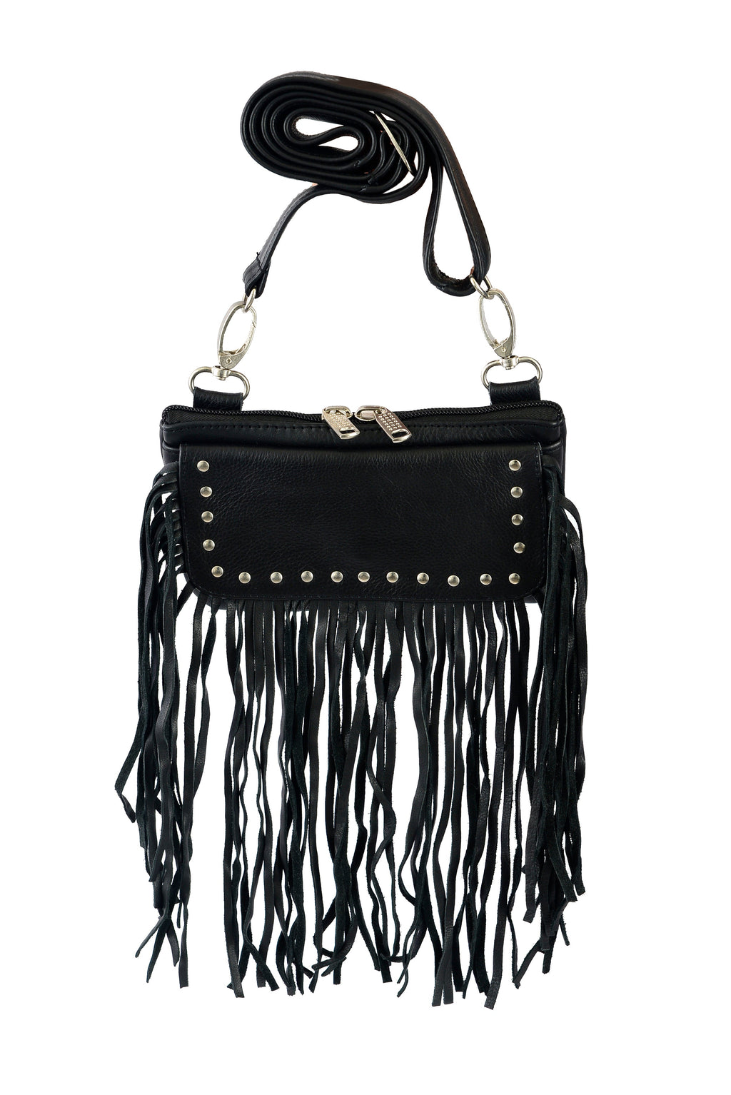 Black Fringe and Studded Hip Clip Leather Bag