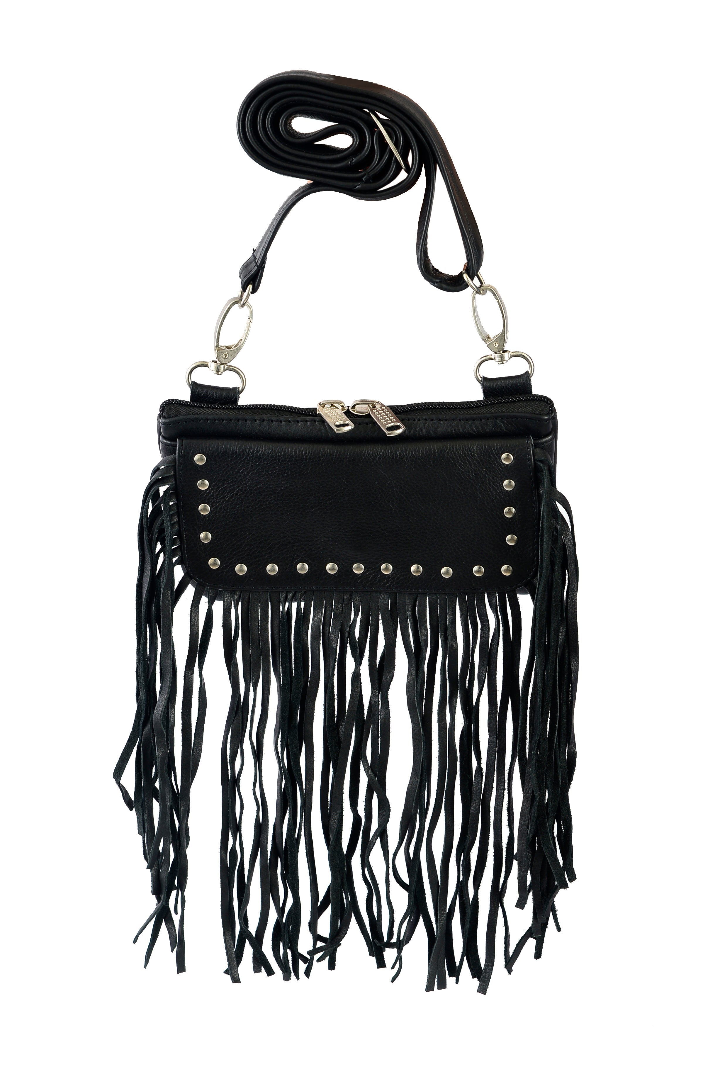 Black Fringe and Studded Hip Clip Leather Bag